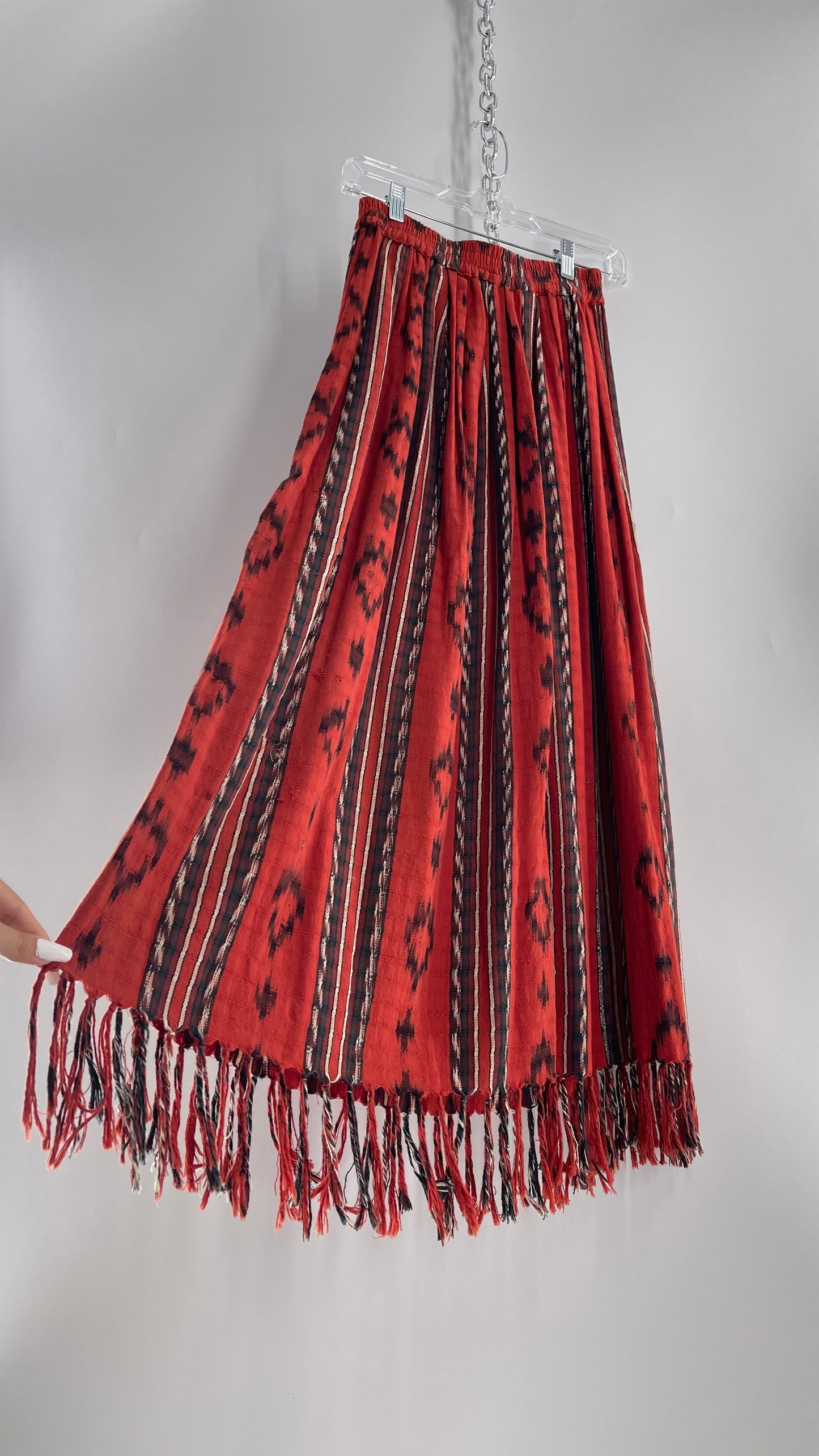 Vintage 100% Cotton Hand Woven Moon Weaver Burnt Orange Dessert Skirt  with Fringe (M/L)