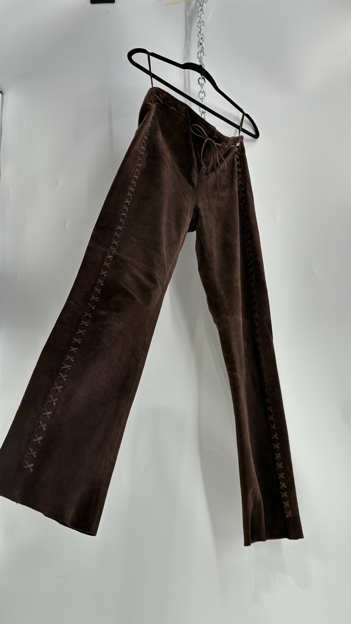 Vintage FOR JOSEPH Low Rise, Chocolate Brown Suede Pants with Leather Stitch Sides and Bow Closure (28)