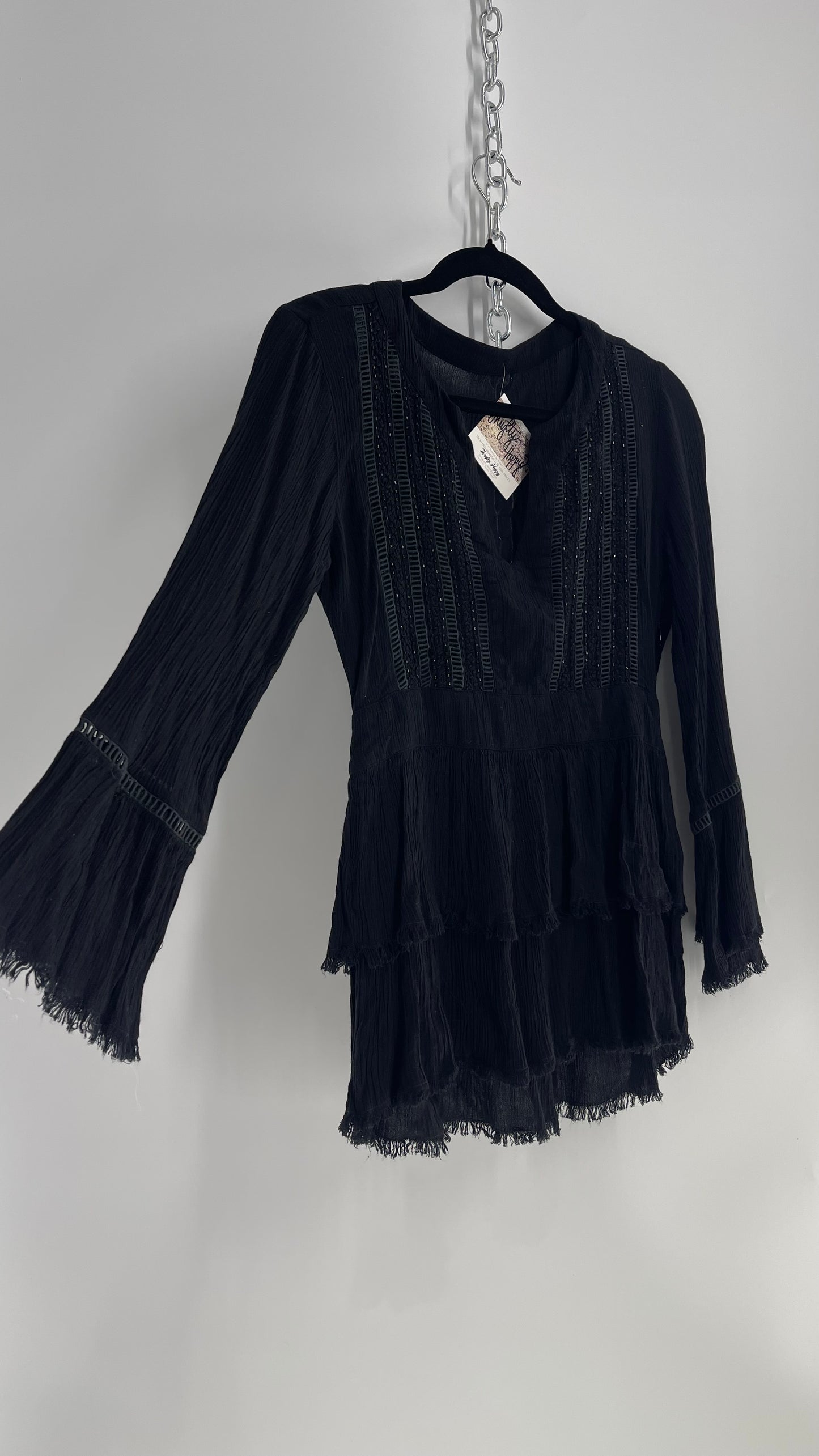 Black Ruffle Base Beaded Neckline and Side Zipper (Small)