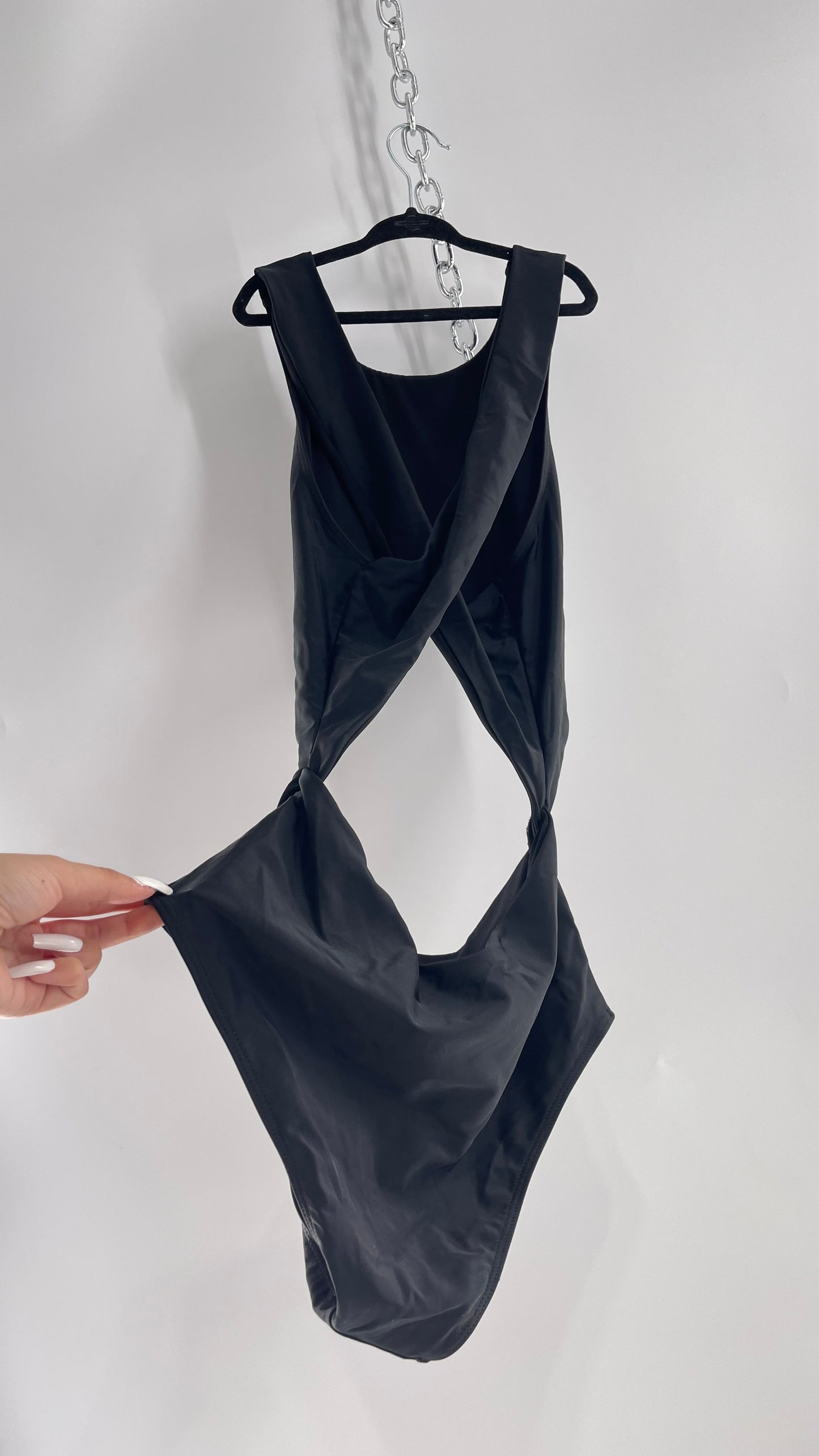 Lolli Swim Black Swimsuit with High Neck, Cross Over Back and Cut Outs (Medium)