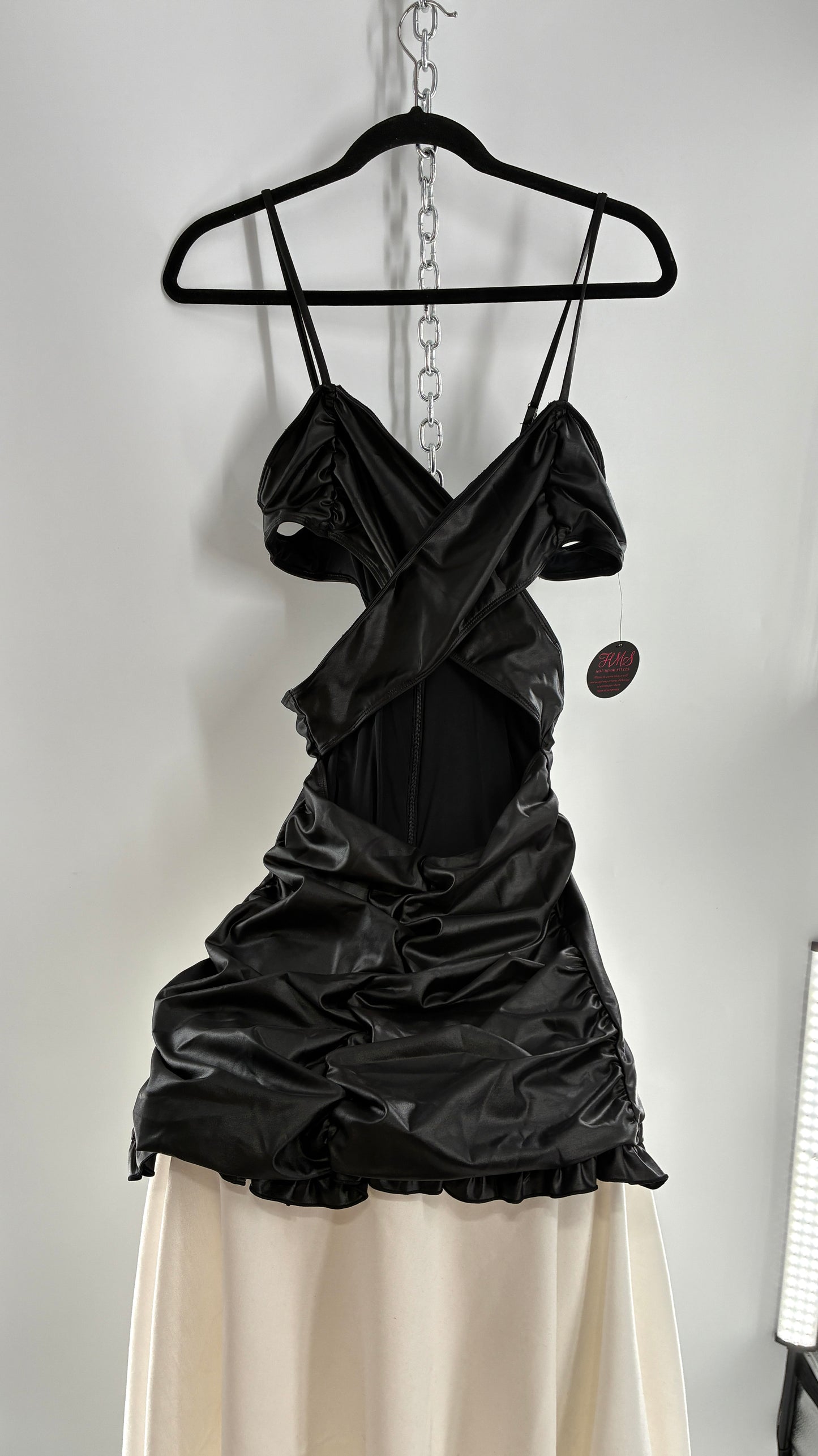 Deadstock Vintage HOT MIAMI STYLES Black Mini Dress with Ruffled Hem, Cut Out Design, and Ruched Body (Large)