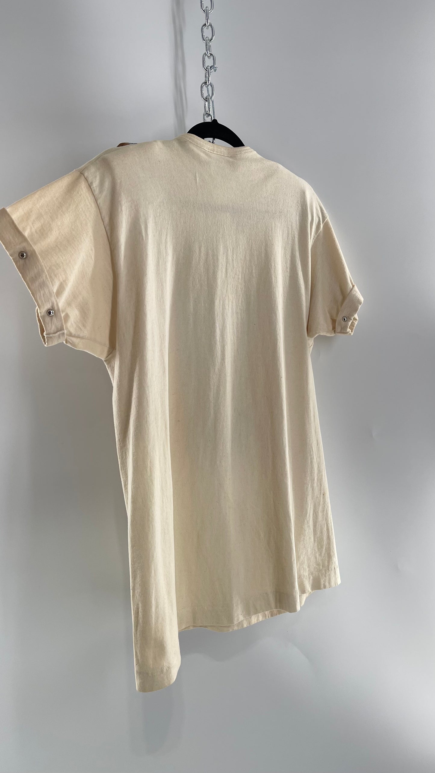 Vintage 1980s GEPETTO Off White Rodeo Western T Shirt with Denim Lined V Neck, Faux Leather Fringe Detail, Embroidery, and Heavy Duty Studs