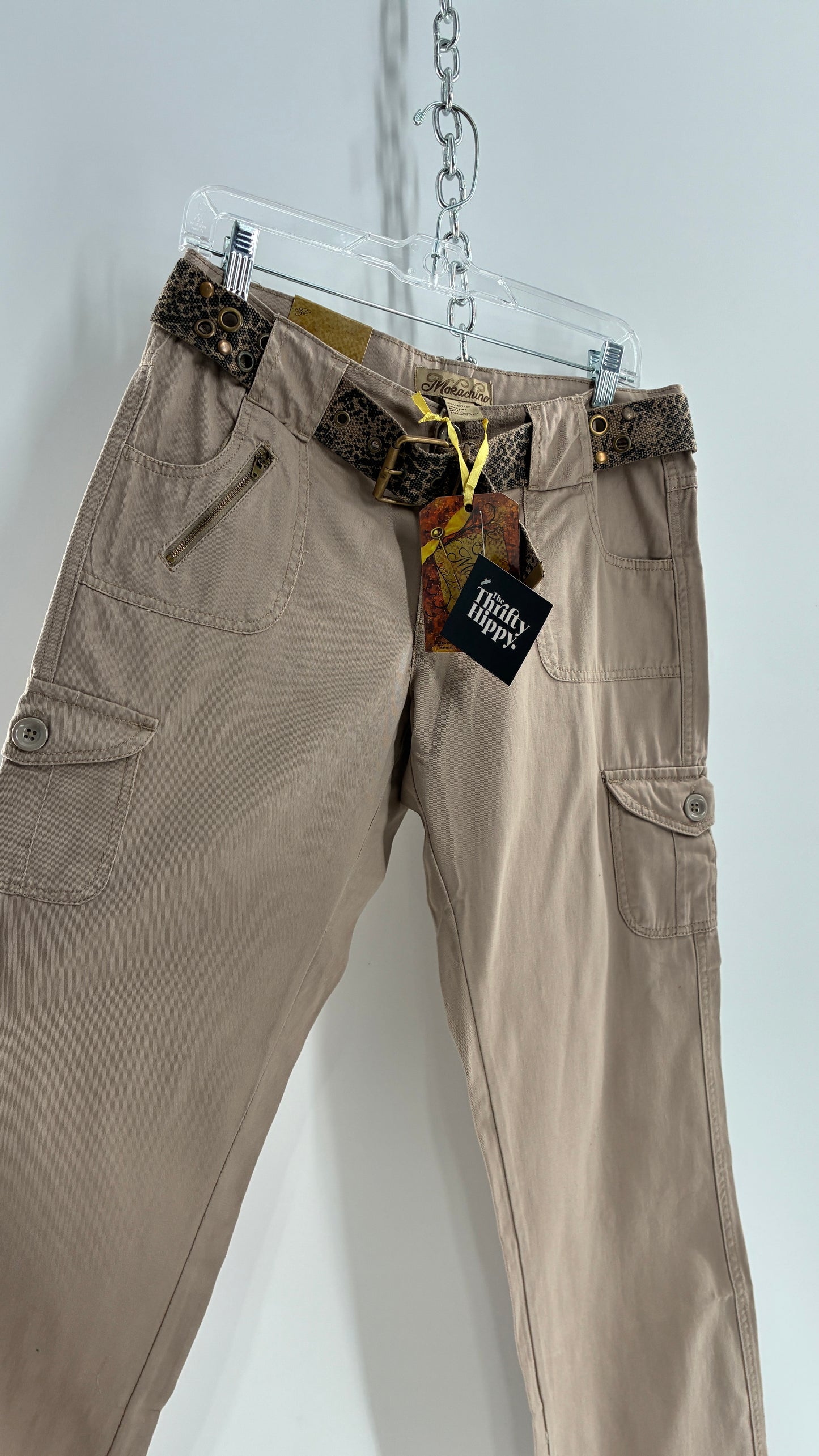 Deadstock Vintage MOKACHINO Tan Low Rise Cargos with Grommet Belt and Zipper Details (4,10)
