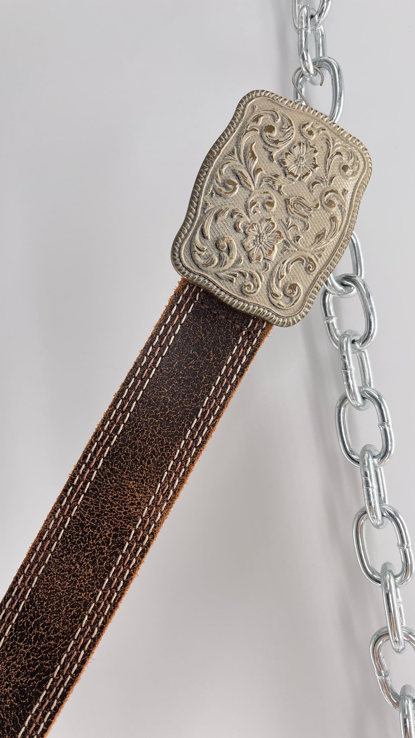 Vintage Belt Shak Brown Leather Belt with Stitching and Embossed Silver Metal Buckle (M)