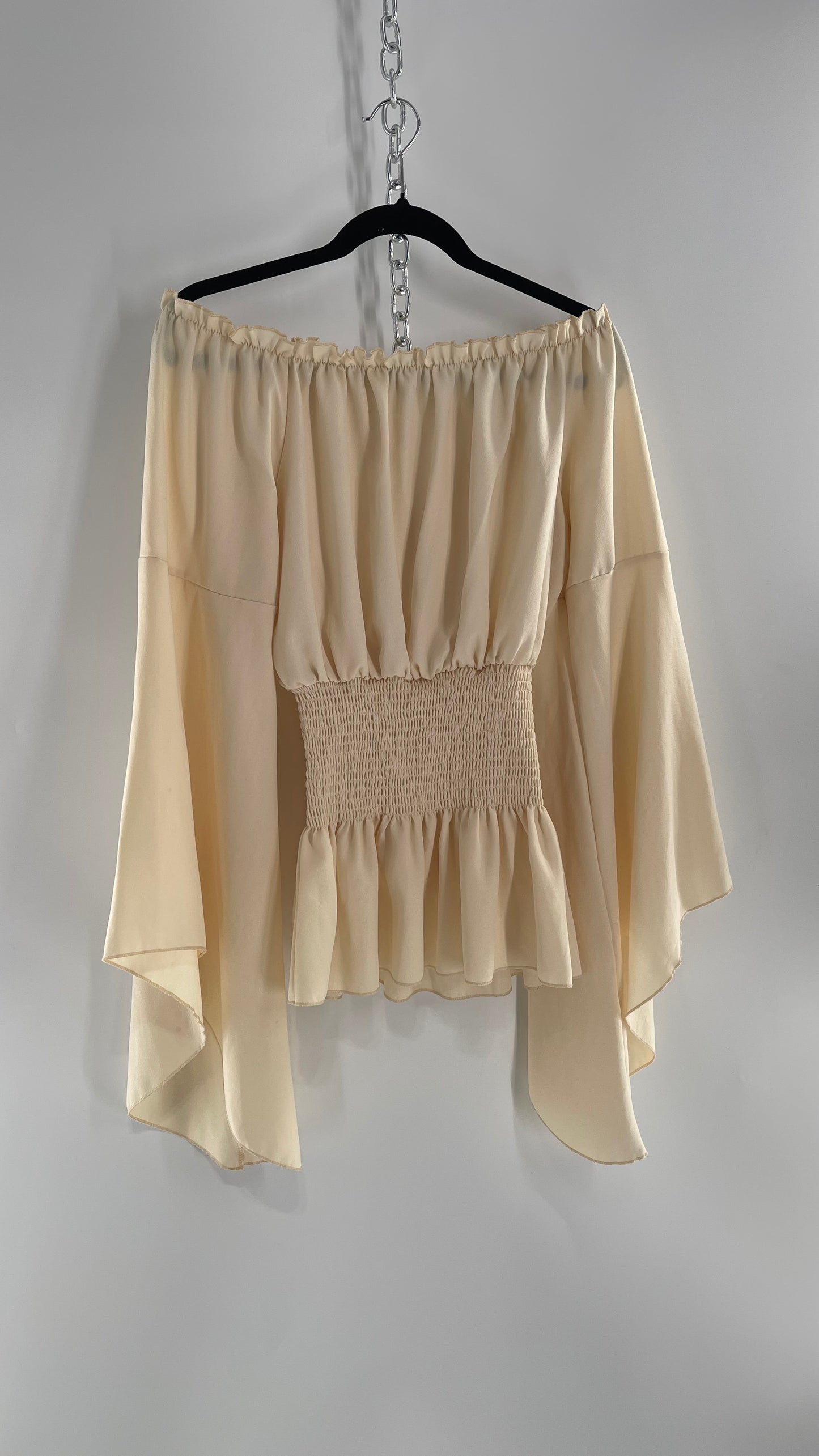 Vintage Off White Smocked Waist Bell Sleeve Wanderlust Blouse(S/M)