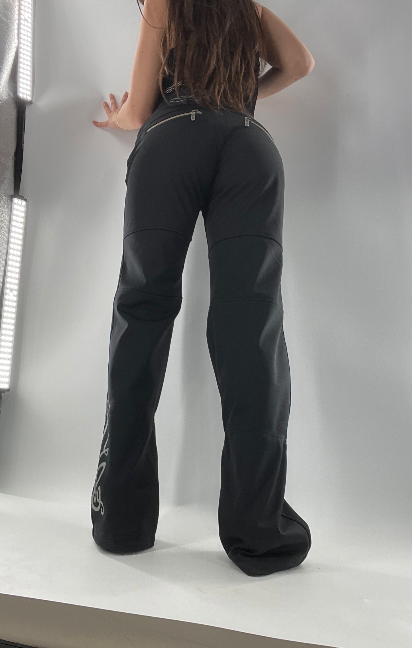 Vintage Athleta Flare 100% Nylon Thick Stretchy Black Pants with Side Clasps, Low Rise, Graphic on Back and Side of Leg (4)