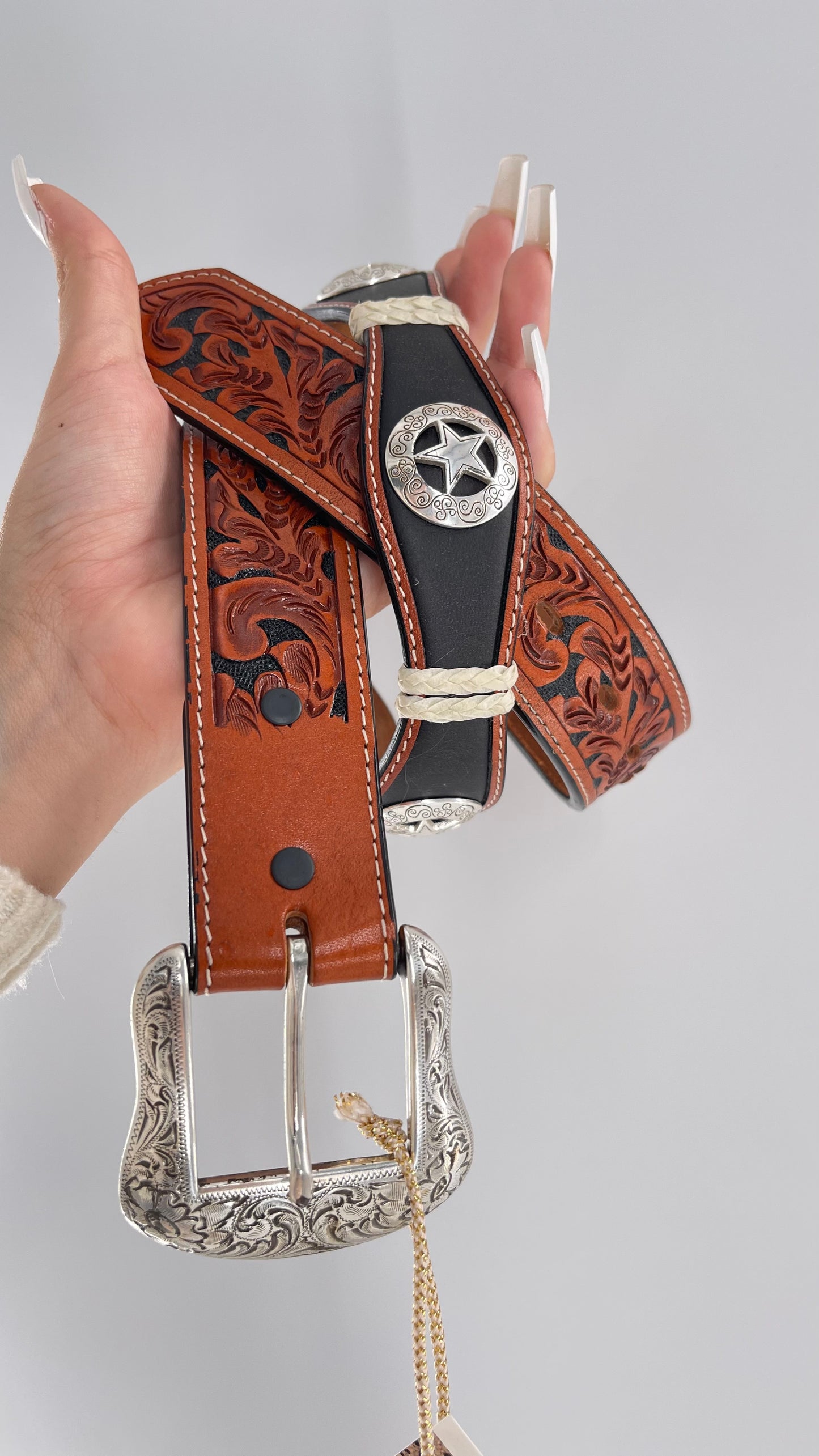 Vintage Ranger Belt Company Genuine Handtooled Leather Metal Stars Embellishments (36)
