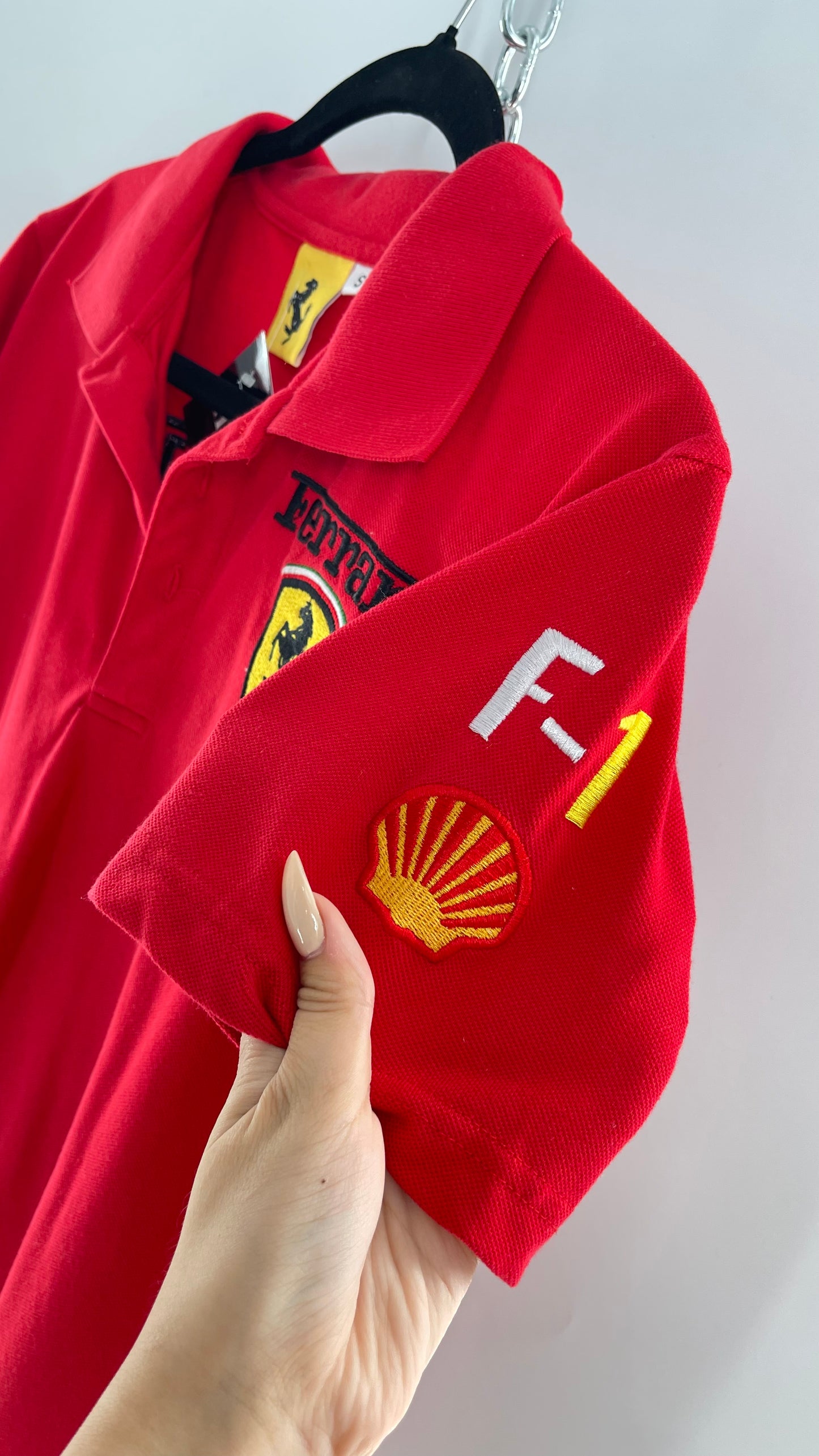 Vintage Red Ferrari Polo with Old School Logo Embroidery (S)