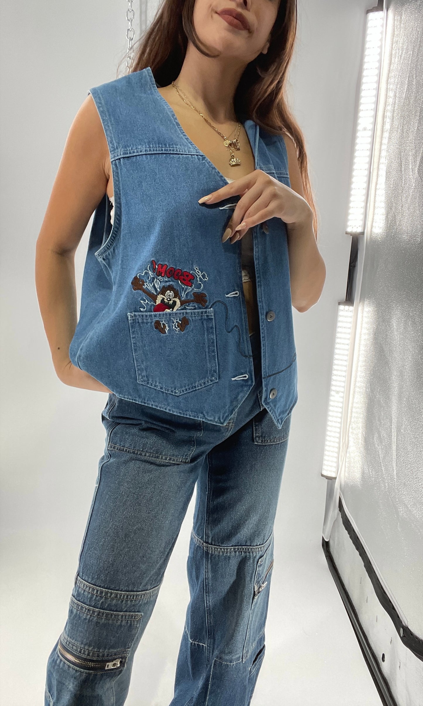 Vintage Looney Tunes Denim Vest with Embroidered Characters (Large)