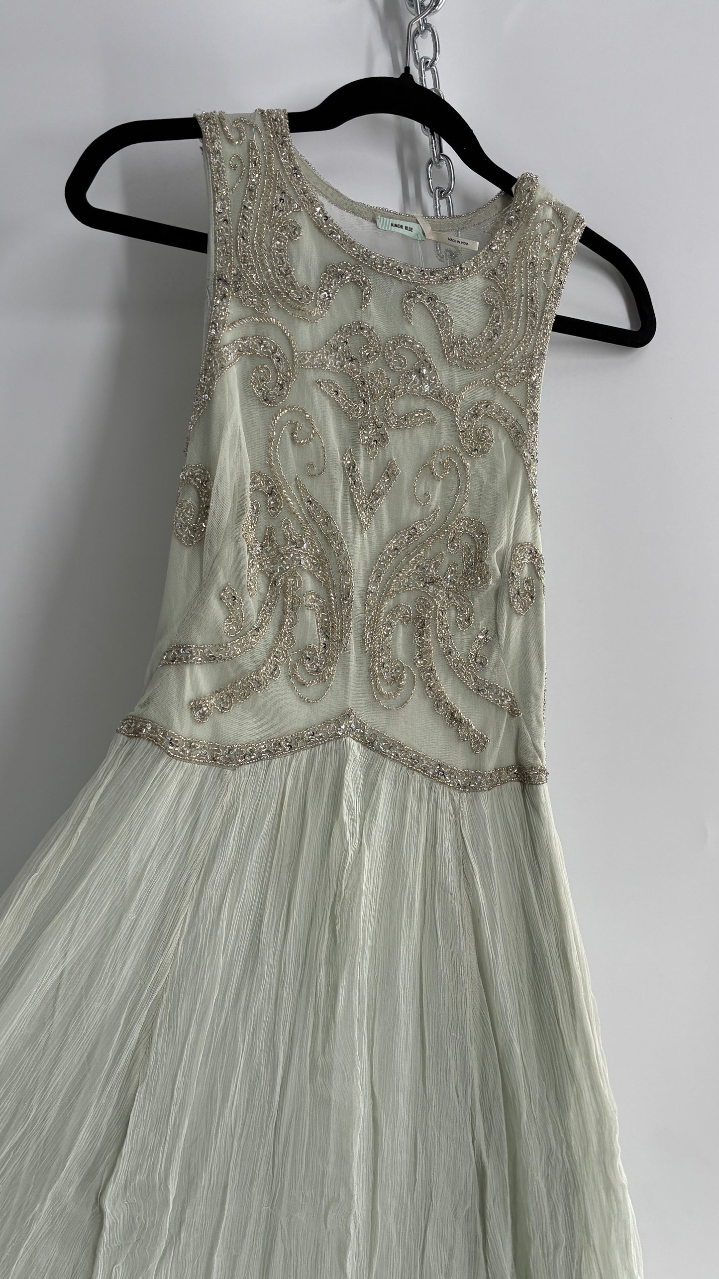 KIMCHI BLUE Light Greyish Seafoam Green Crimped Gown with Beaded Bodice and Sheer Back (2)
