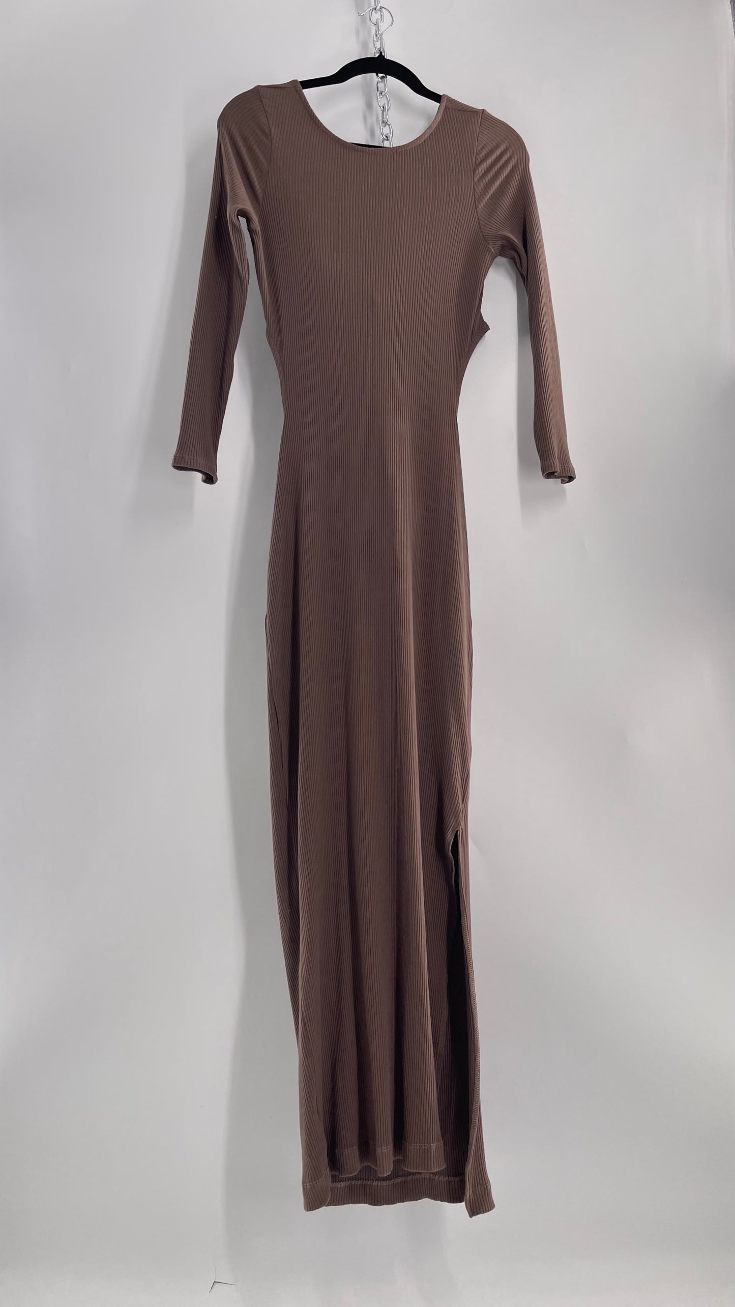 Free People Brown Ribbed Maxi Dress with Low Open Back and Dramatic Tie Detail (Large)