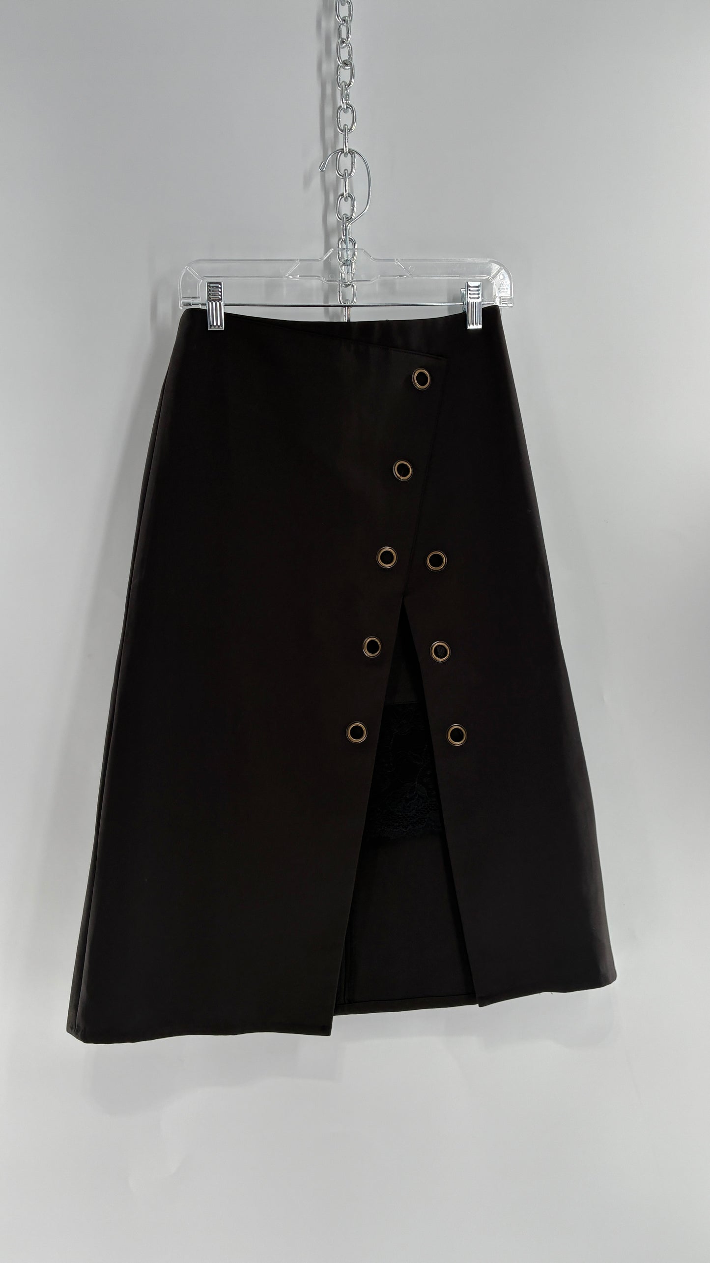 Vintage BYSI Black Skirt with Asymmetric Slit, Bronze Grommets and Lace Thigh Detail (EU36,UK8)