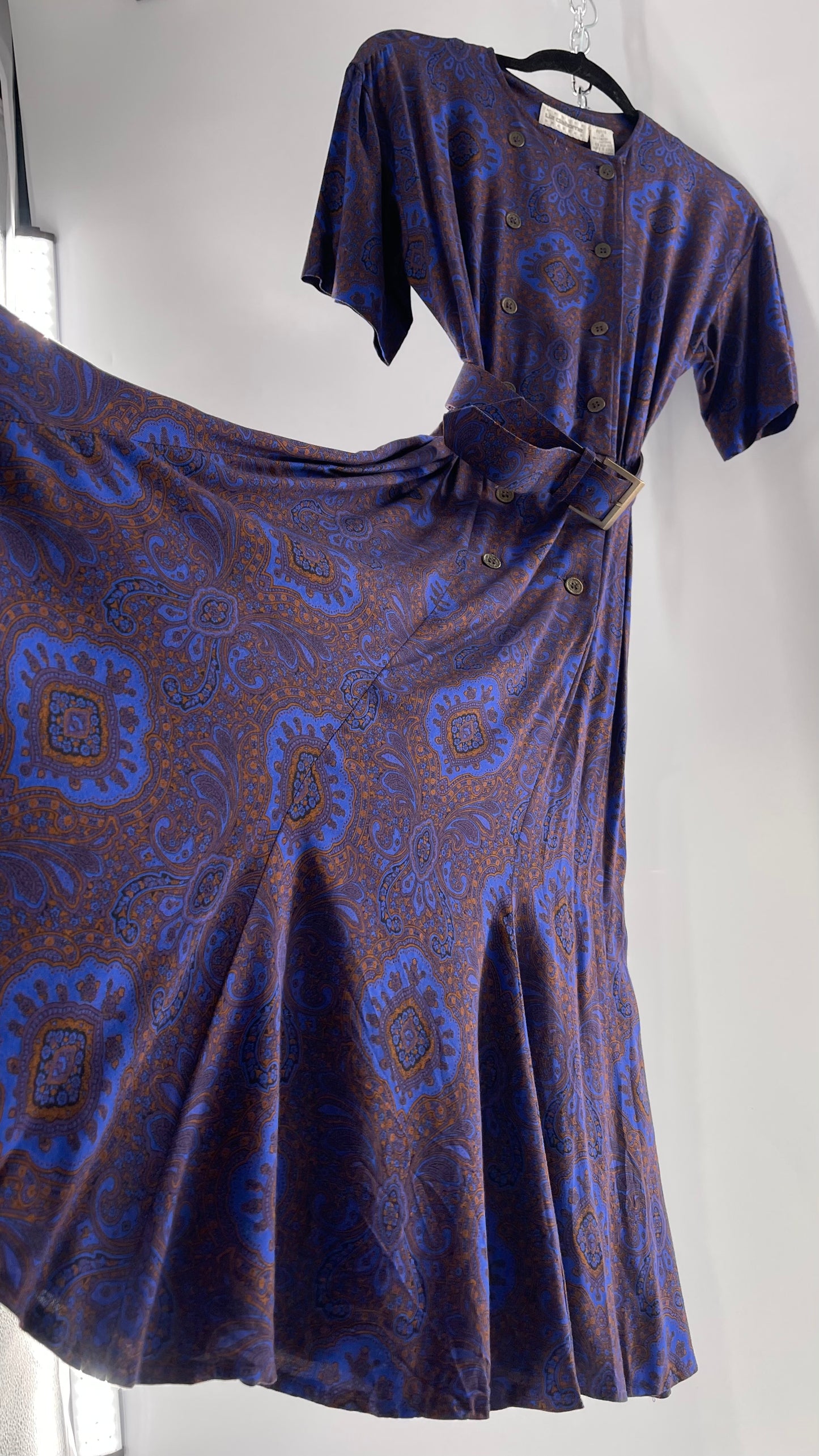 Vintage Liz Claiborne Cobalt Blue and Mustard Paisley Patterned 60s Style Dress(4)