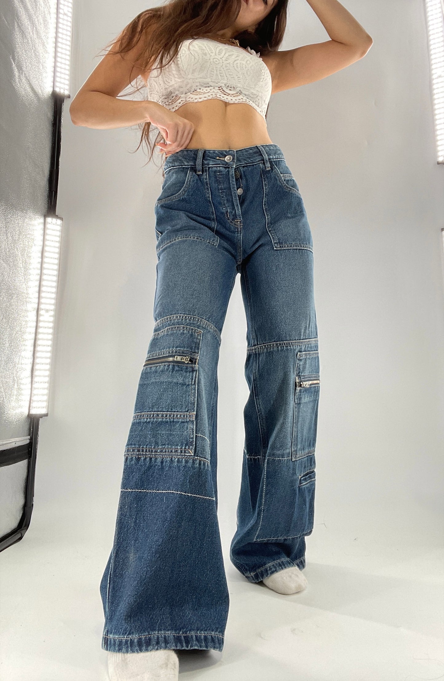 Free People Medium Wash Baggy Straight Legs Jeans Covered in Zippers, Pockets, Stitching (28)