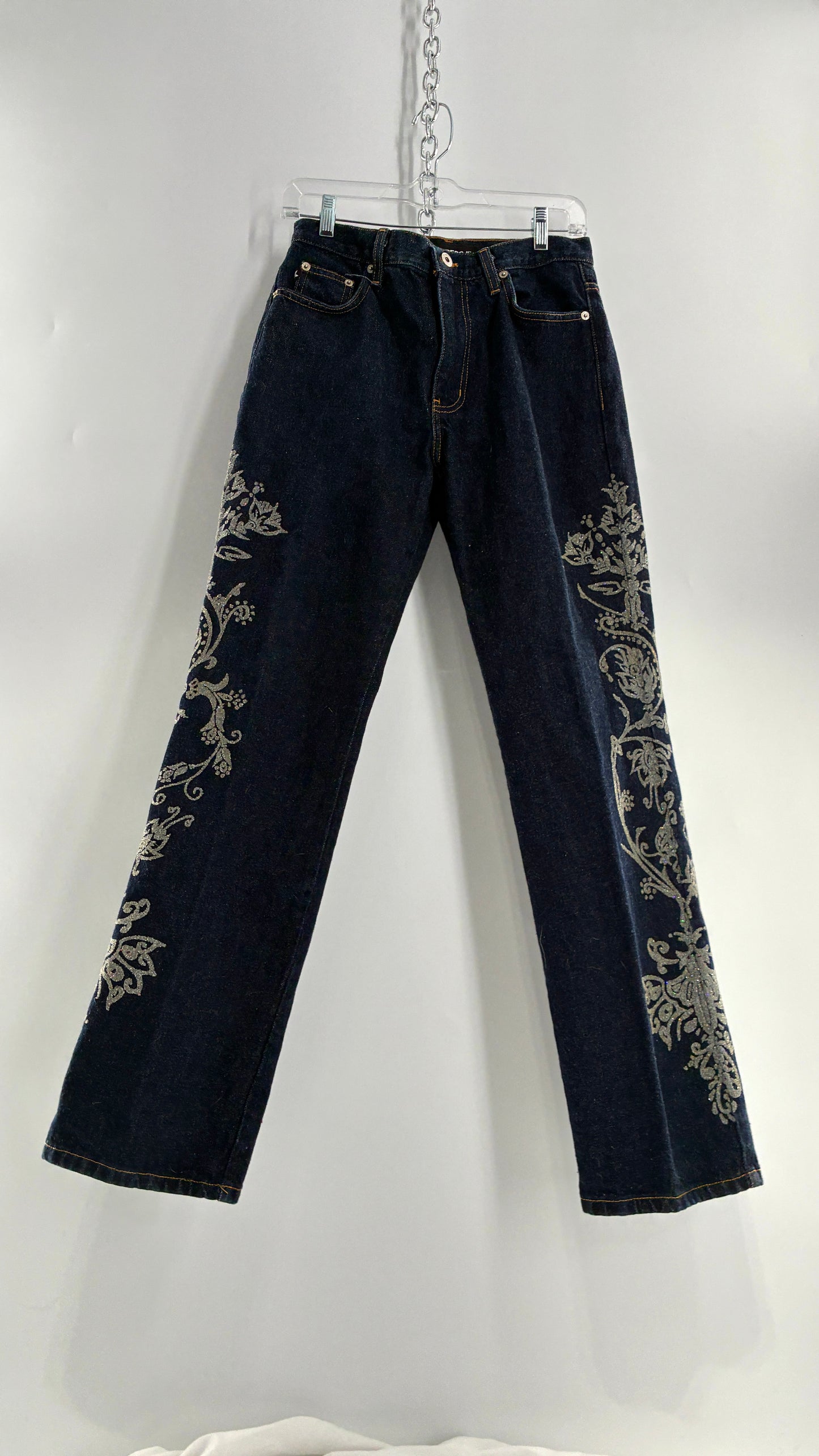 Vintage EXPRESS JEANS Dark Wash with Iridescent, Embellished, Textured Design Running Down Pant Leg (3/4)