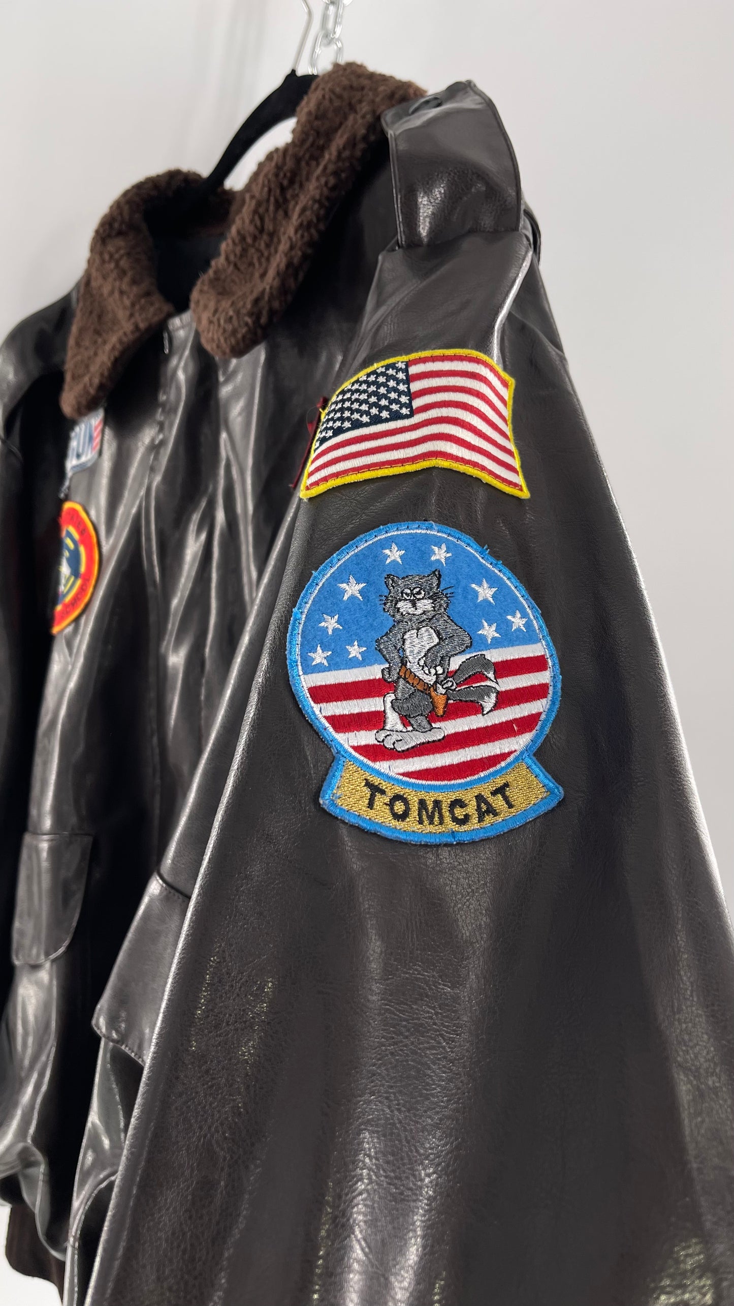 Vintage Dark Brown Top Gun Bomber Jacket with Patches and Teddy Sherpa Collar (Large)
