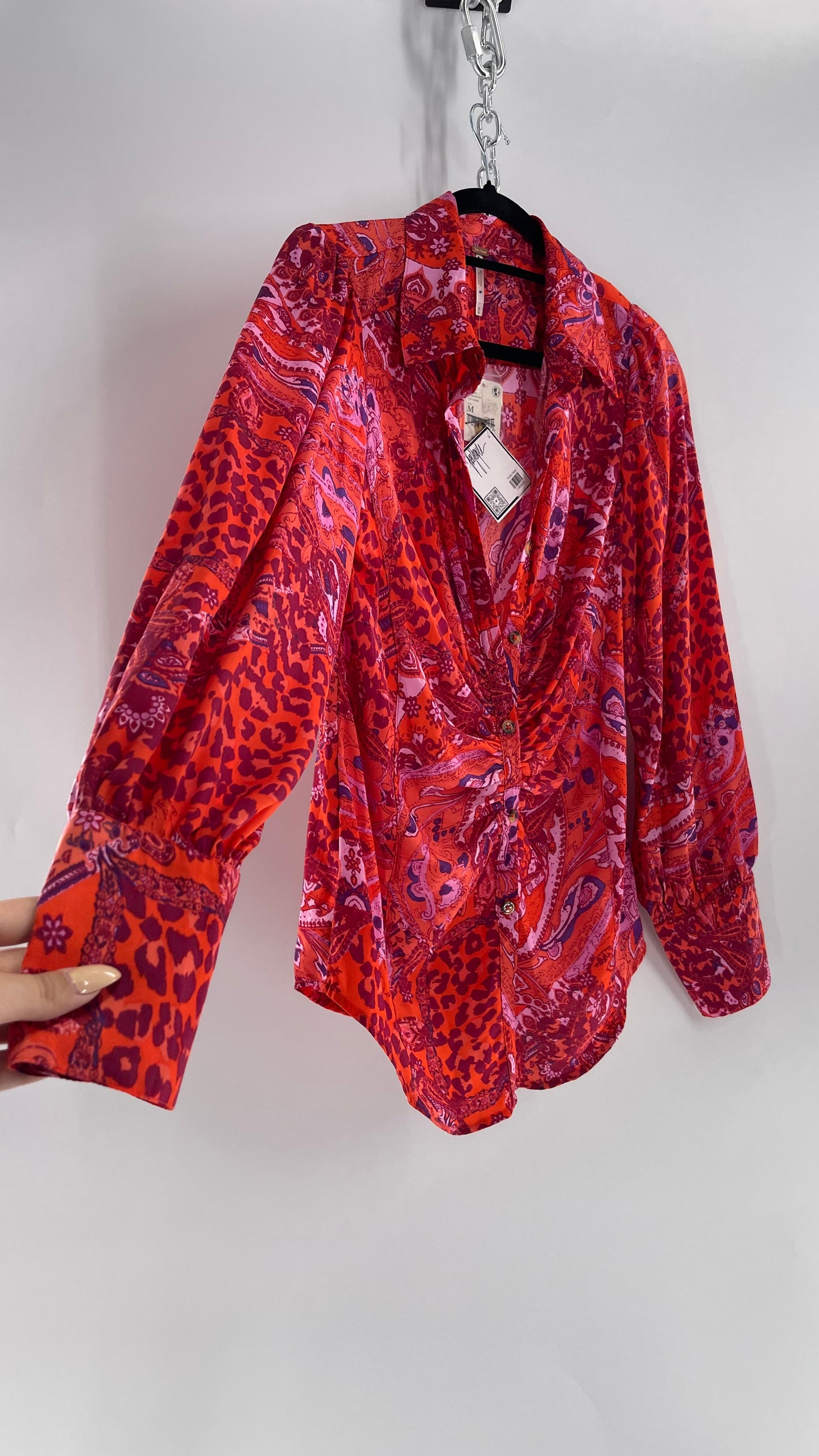 Free People Red, Neon Orange Leopard Paisley Patterned Button Front(Medium)