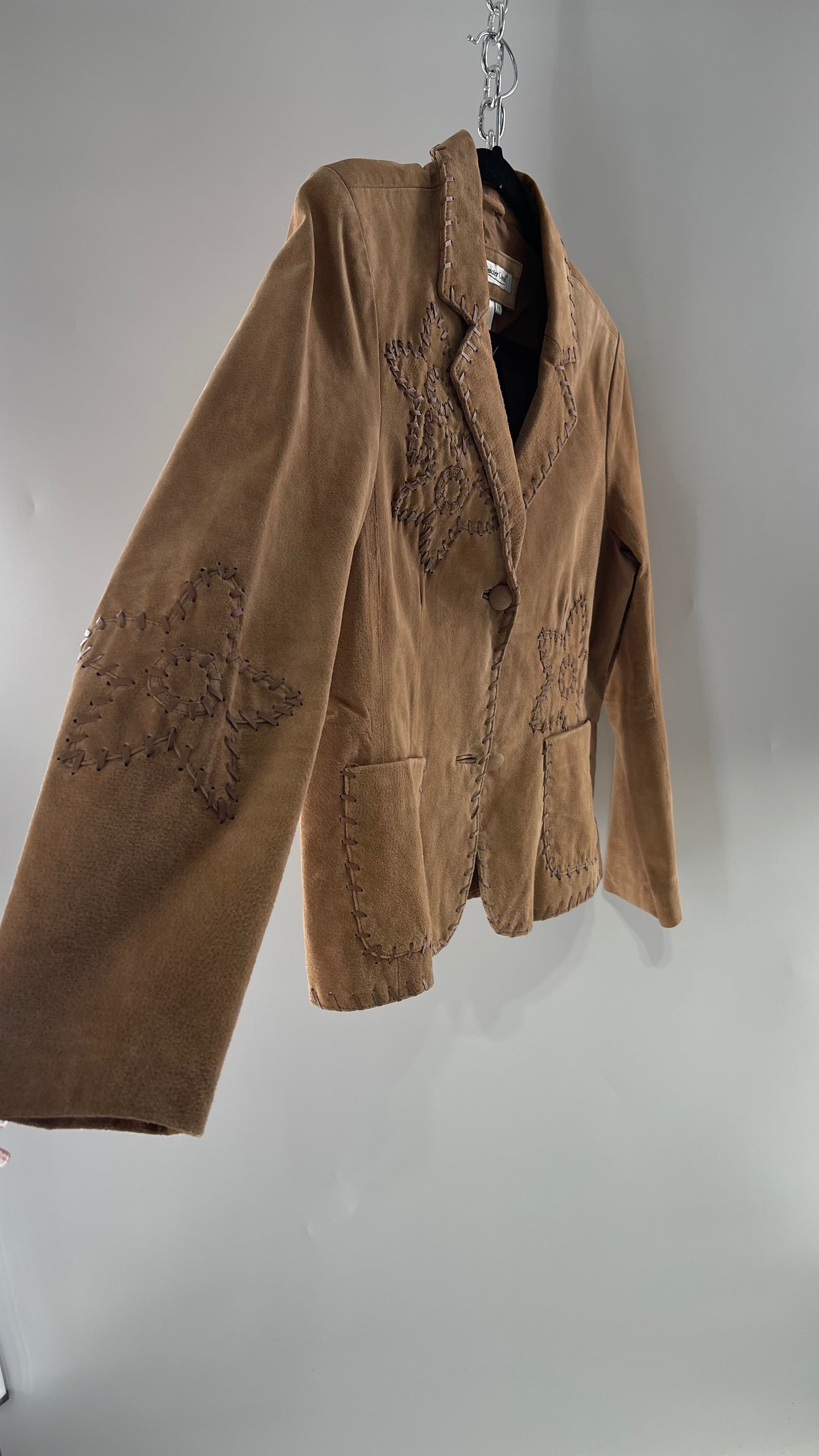 Vintage Rare Light Brown Genuine Suede Blazer with Embroidered Suede Flower and Contrasting Thick Leather Stitching (Medium)