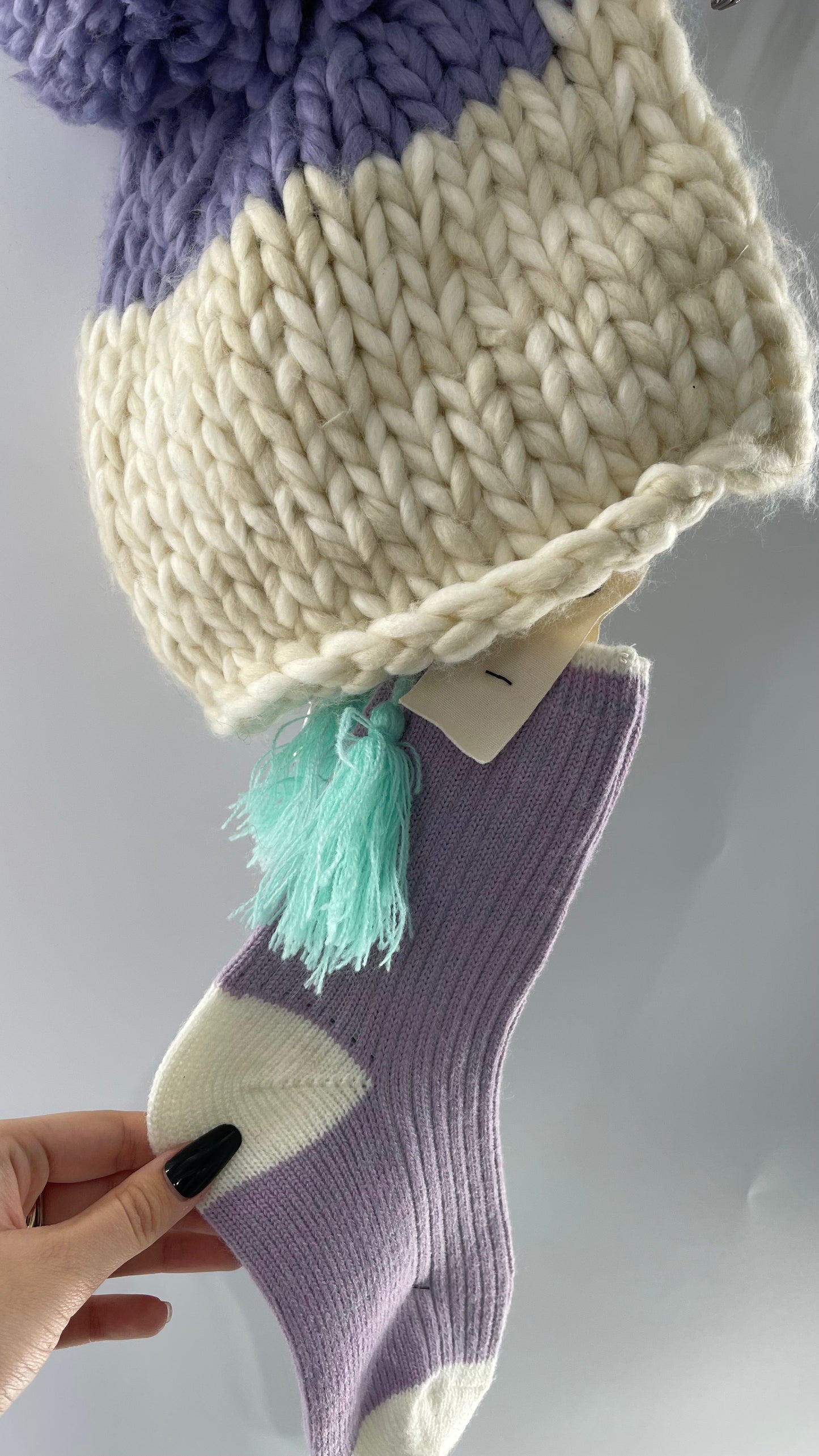 Free People Lavender Purple and White Knit Beanie and Sock Set