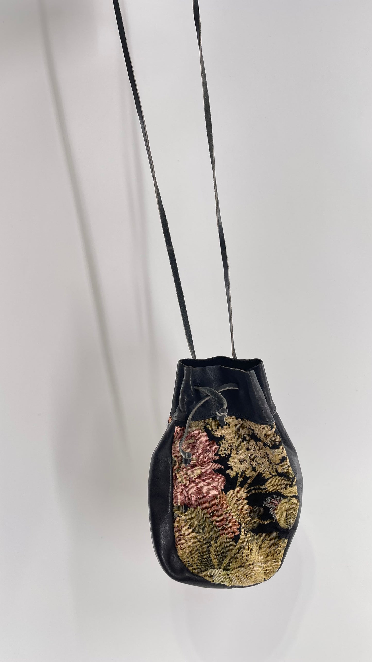 Vintage Floral Tapestry and Black Genuine Leather Pouch Satchel Purse