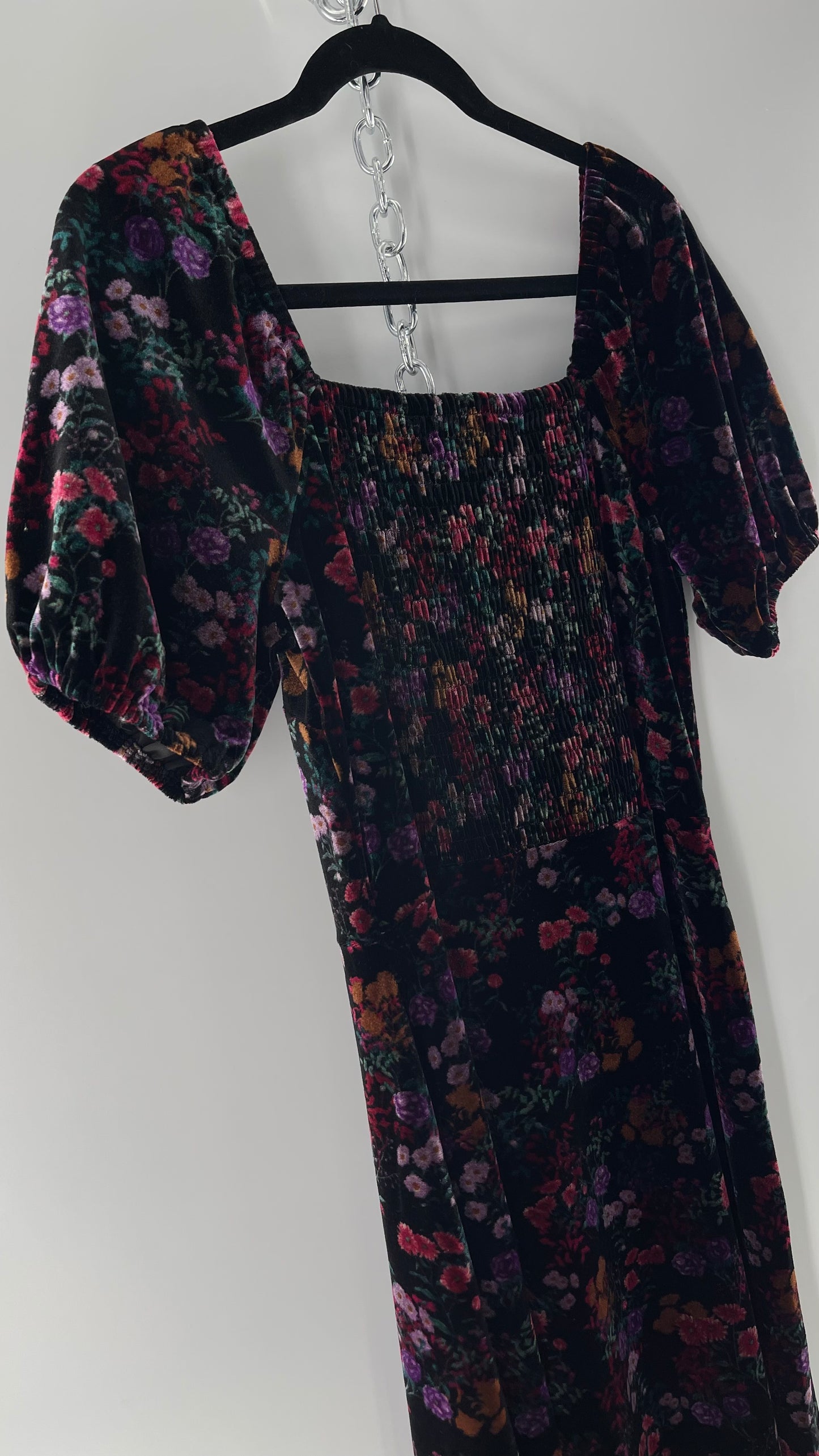 LOFT Velvet Dark Floral Full Length Dress with Puff Sleeves and Smocked Back with Tags Attached (8)