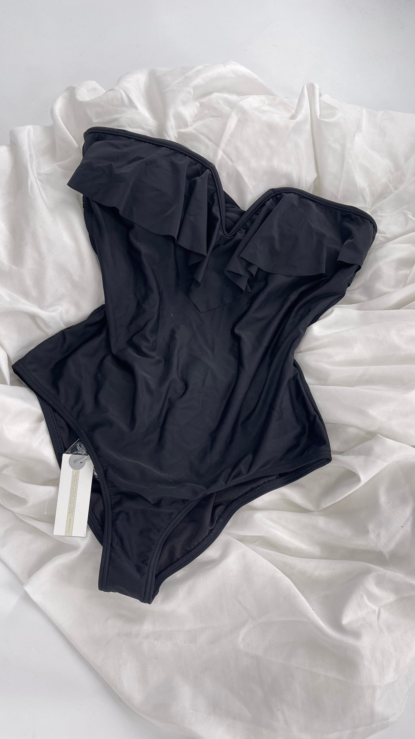 O’Neill Black Swimsuit with Built in Bra with Ruffled Bust, Open Back, Straps and Tags Attached (Large)