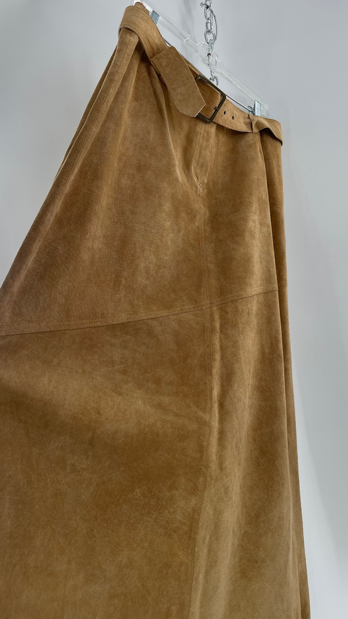 Vintage Margaret Godfrey Tan Suede Low Rise Full Length Skirt with Grommet Belt (14)