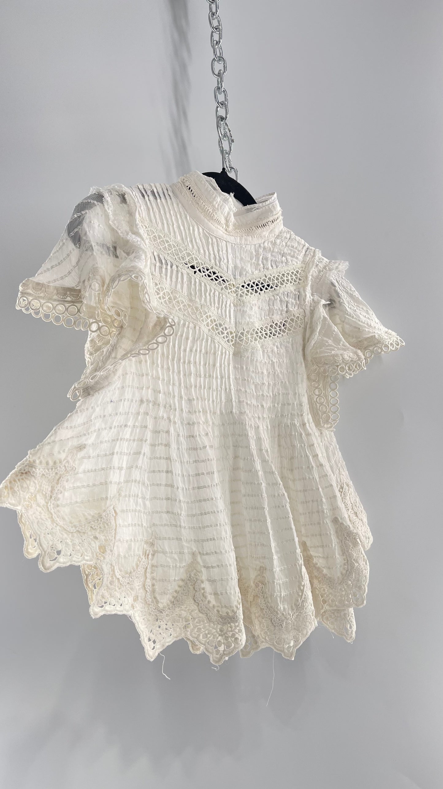 Kimchi Blue White 68% Viscose 32% Cotton Romantic Blouse with High Neck, Textured Body, and Scalloped Lace Hem and Sleeves (Small)