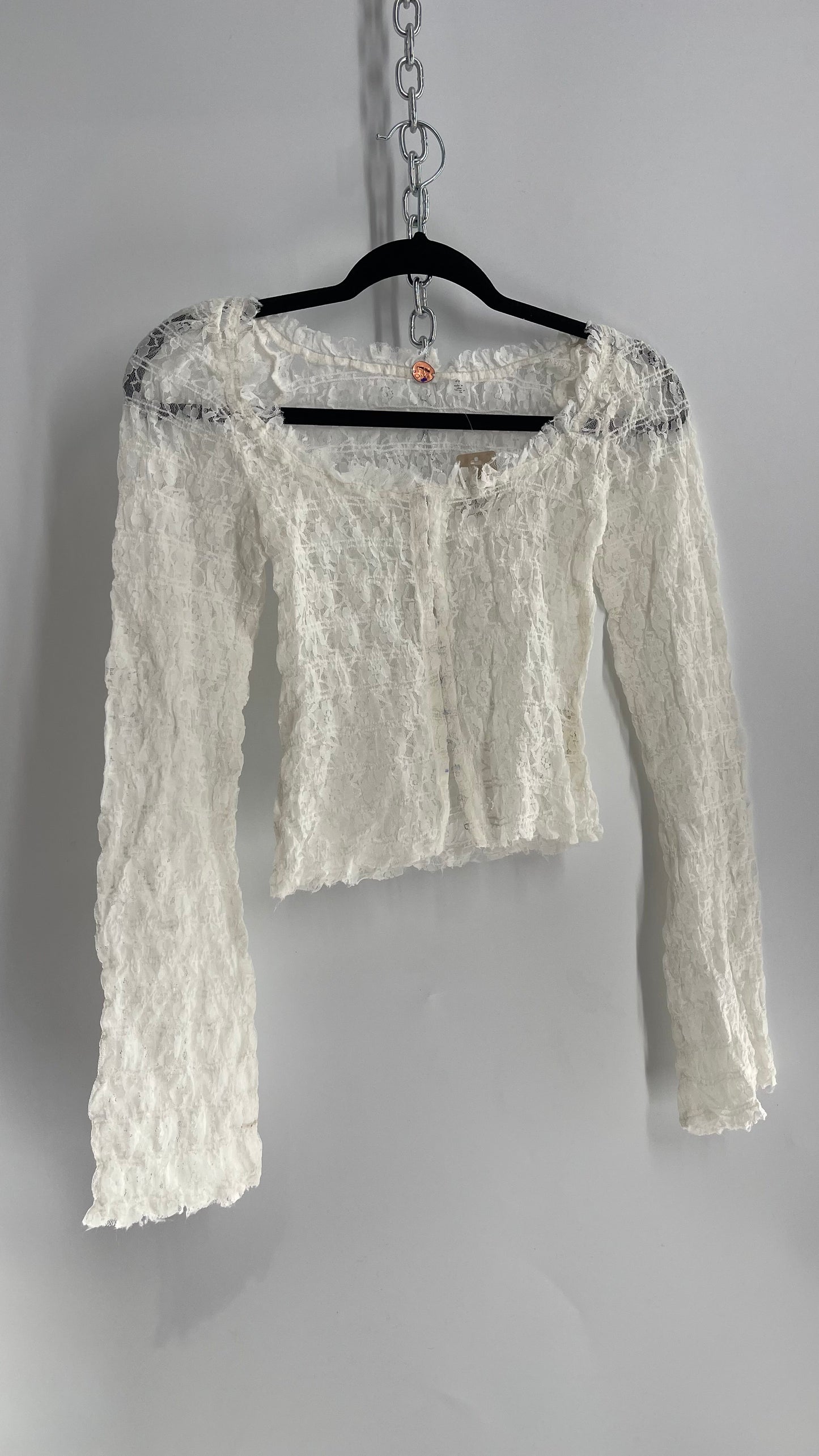Free People White Smocked Lace Long Sleeve with Eyelet Closure (Small)