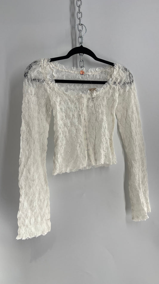 Free People White Smocked Lace Long Sleeve with Eyelet Closure (Small)