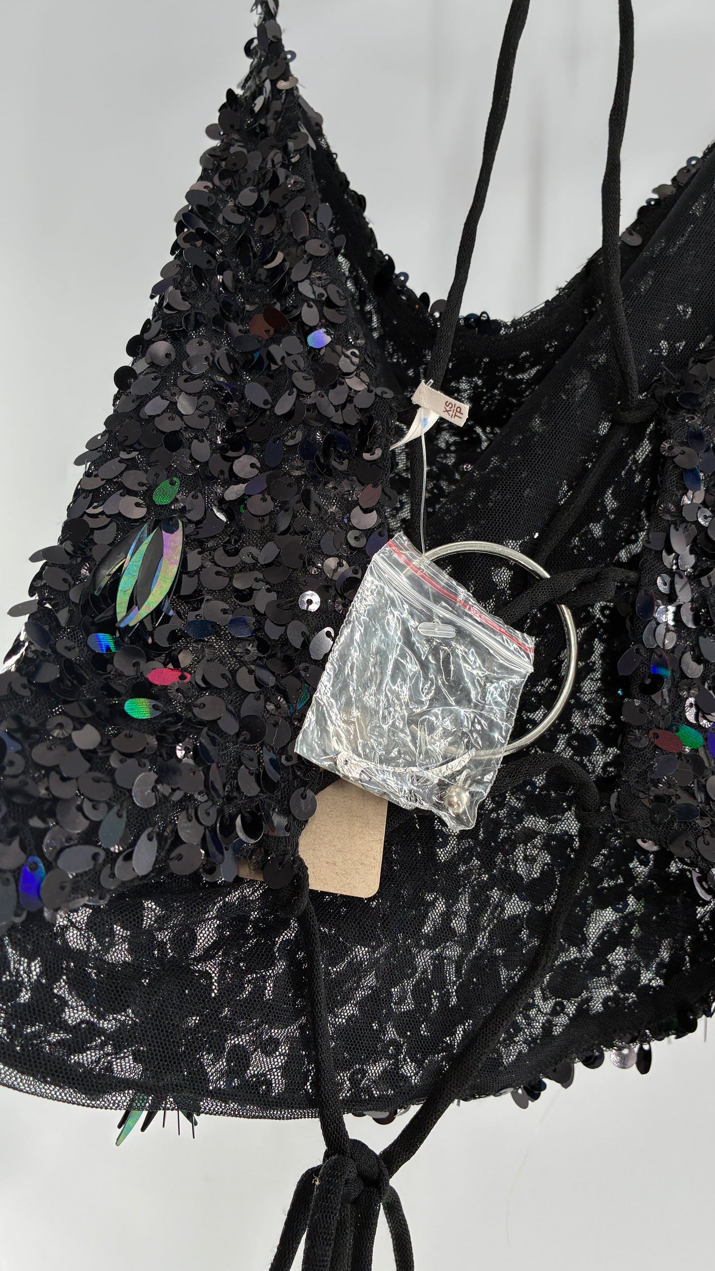 Free People Black Open, Tie Up Back Camisole Covered in Sequins with Silver Hoop Details (XS)