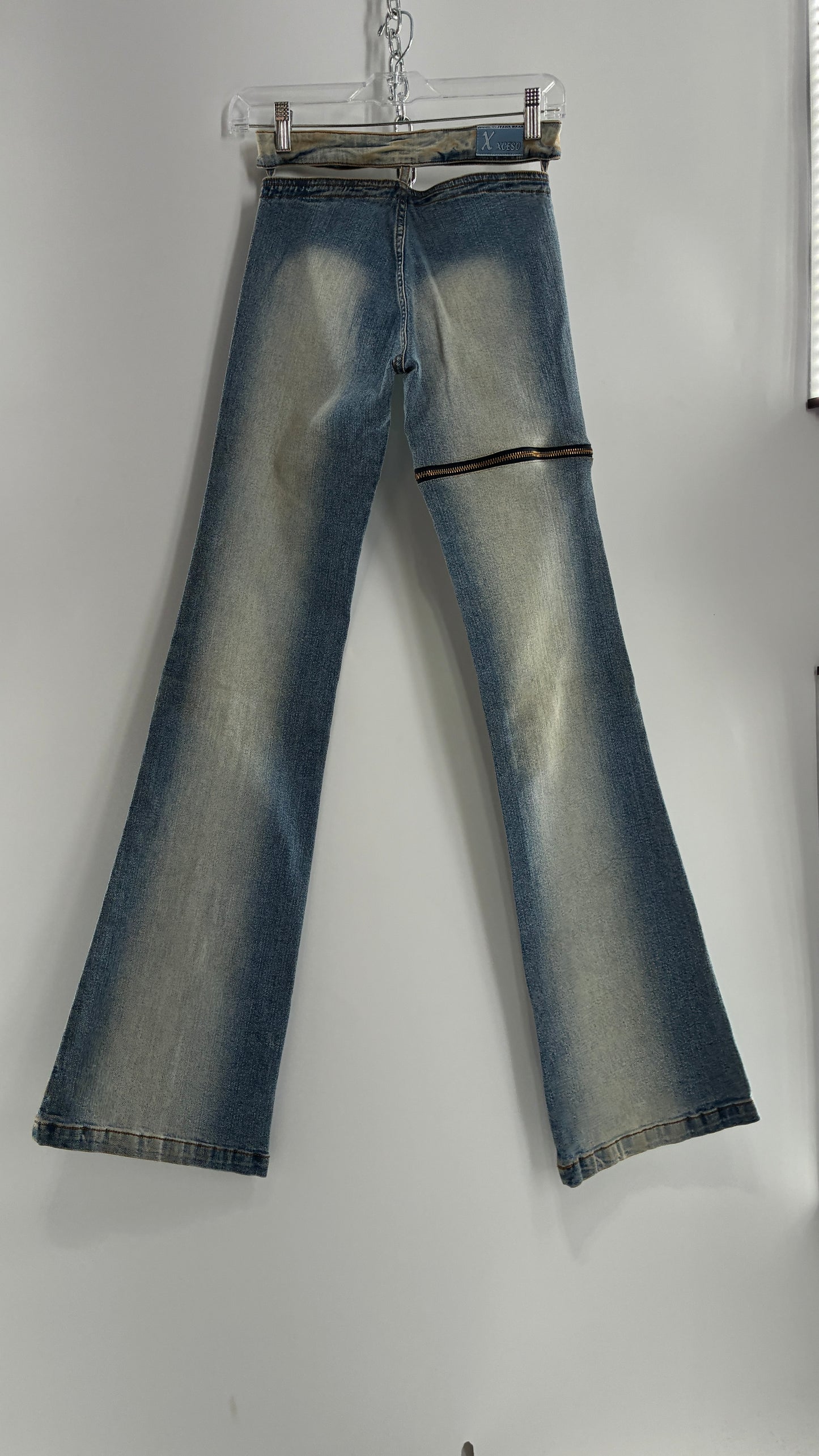 Vintage XCESO JEANS Rare Faded Double Waistband Kickflare Jeans with Functional Zipper Details (Medium*)