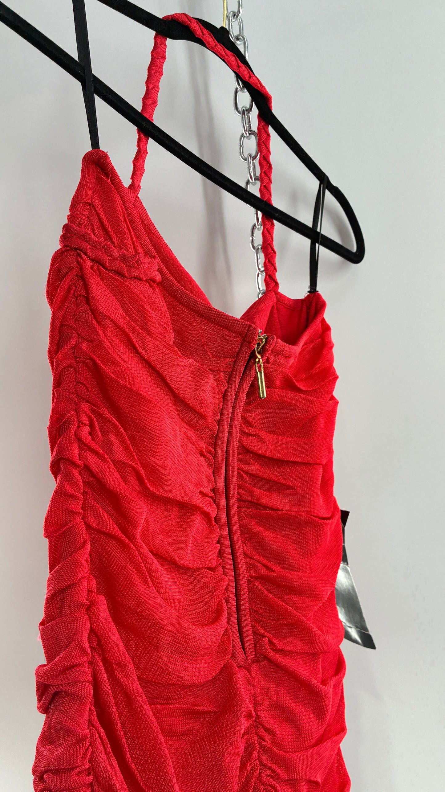 Deadstock Vintage BEBE Red Heavy/Thick Ruched and Roped Mini Dress (Medium)