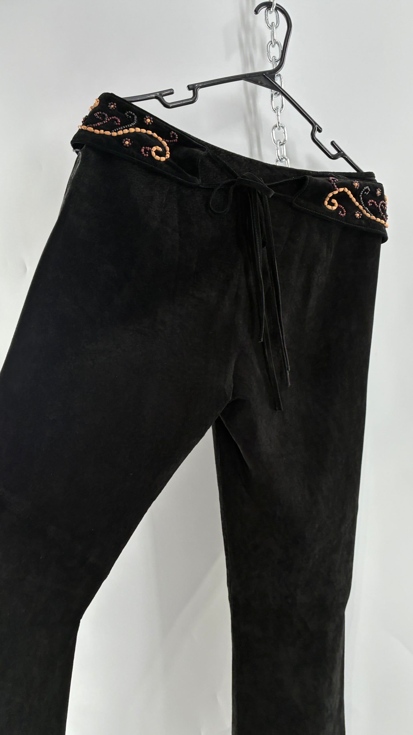 Vintage Margaret Godfrey Black Genuine Suede Leather Kick Flares with Wide Beaded Belt (10)