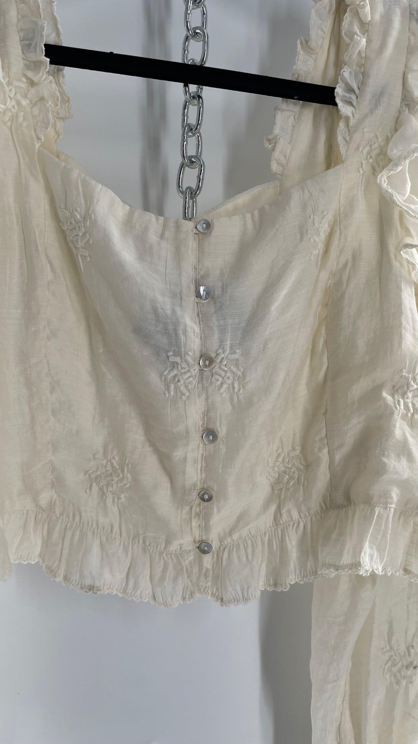 Free People White Cotton Bubble Sleeve Blouse with Embroidered Details (Medium)
