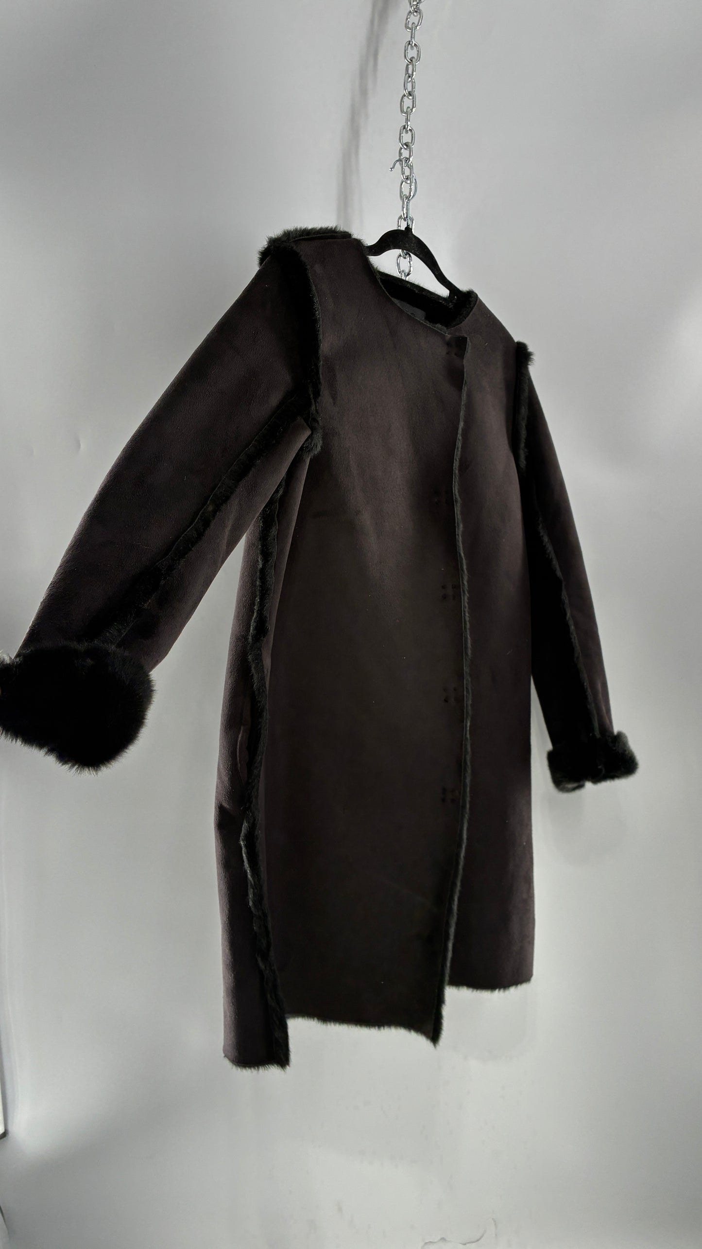 Vintage H&M Black Faux Suede Coat with Faux Fur Piping (12)
