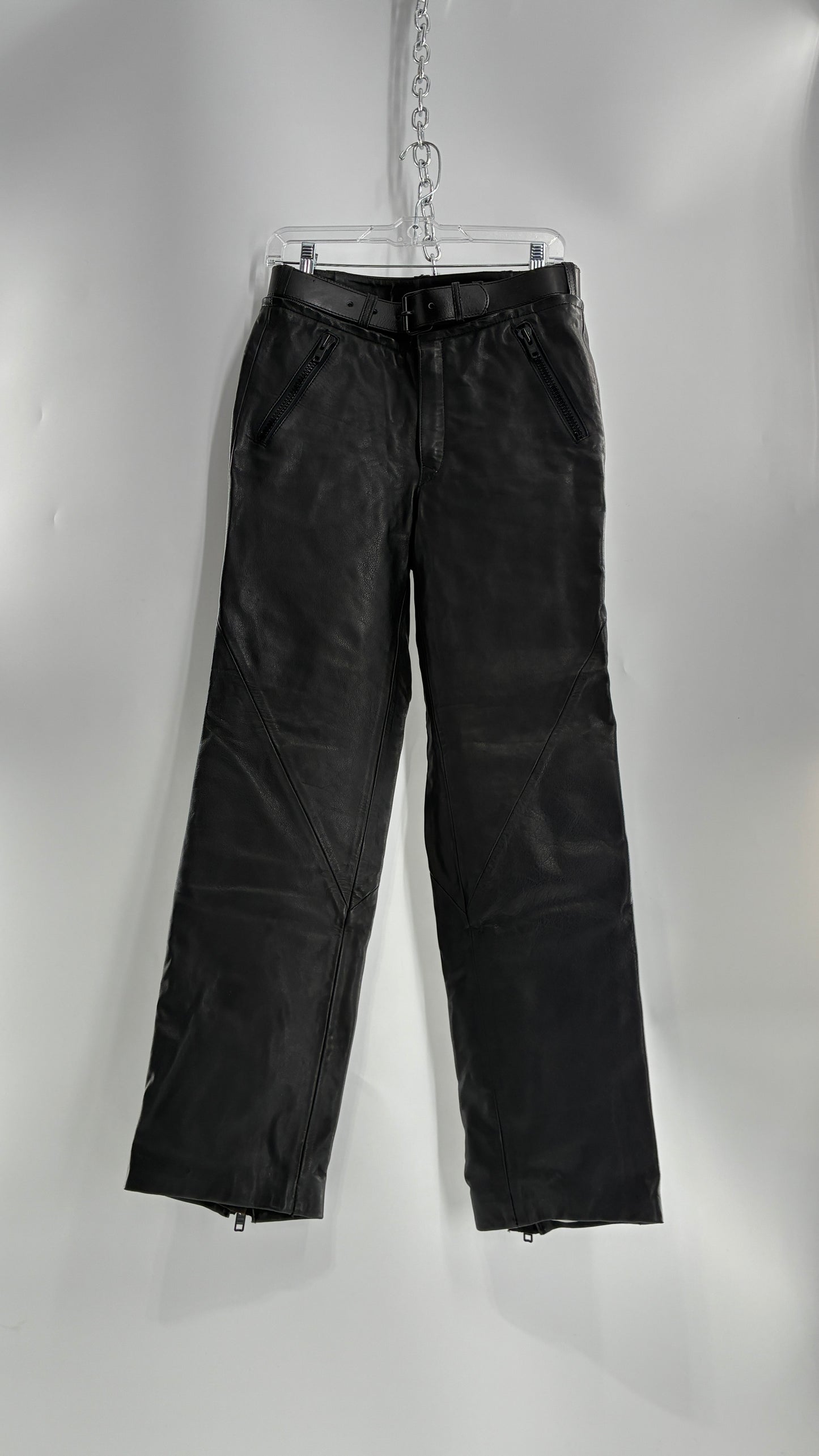 Vintage Black Italian Leather Motorcycyle Pants with Built In Belt and Zipper Detailing (XS)
