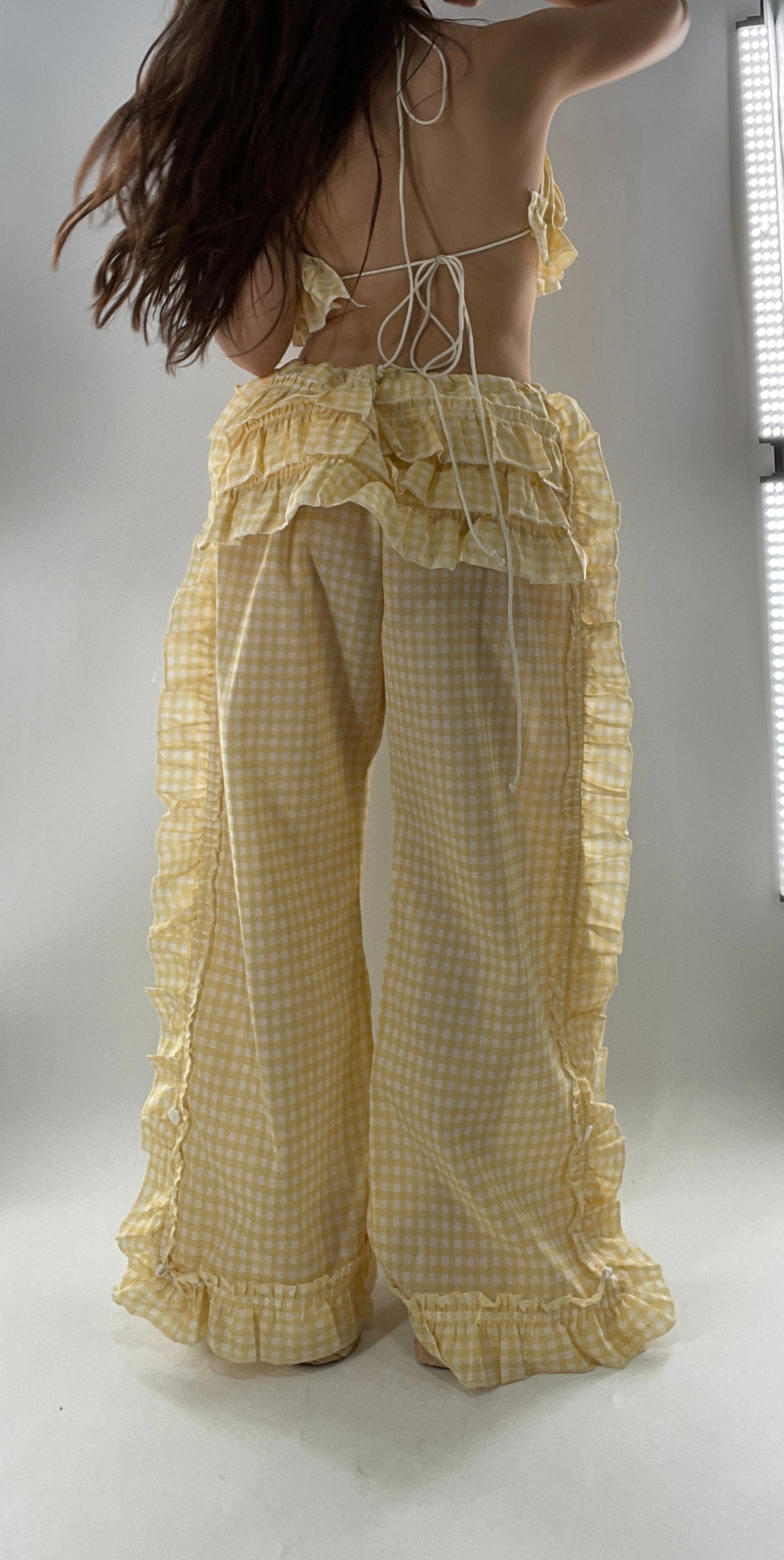 Vintage 2 Piece Yellow Checkered/Gingham Patterned Picnic Set with Ruched Bust Top and Ruffle Side Wide Legs with Adjustable Length, Strap Up Buttons on Hem (One Size)