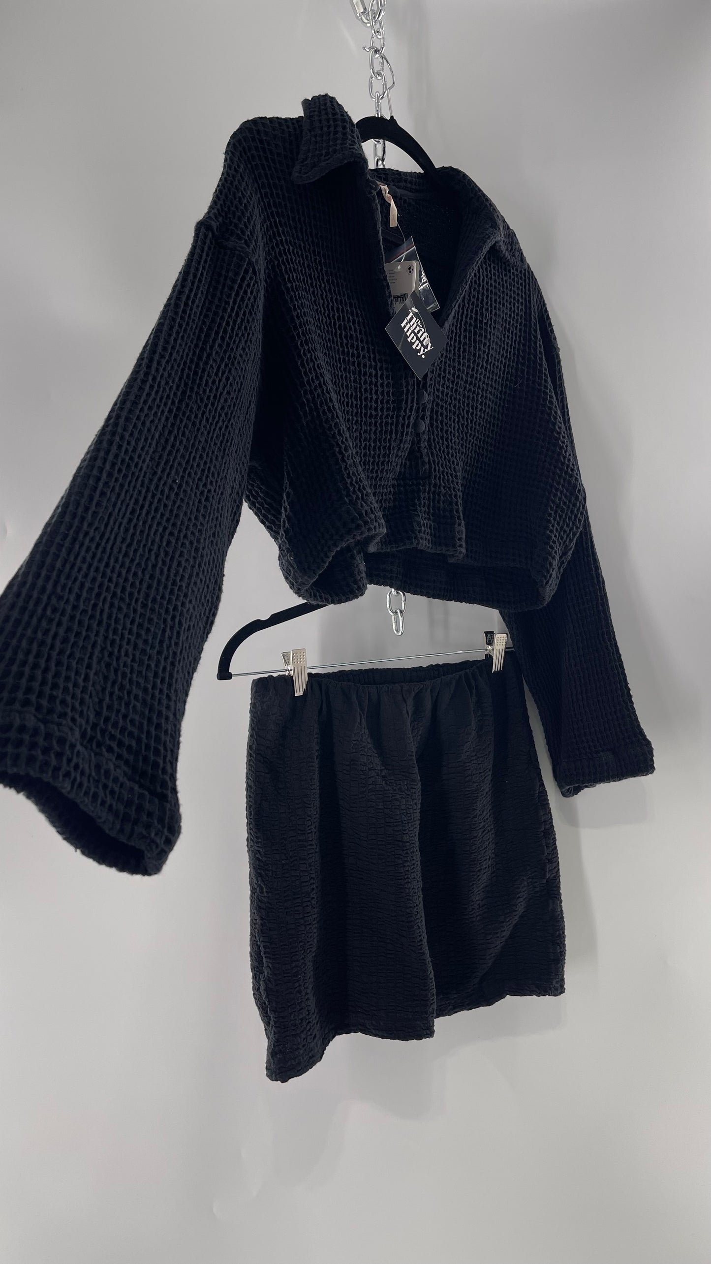 Free People Waffle Knit Black Cropped Button Up and Skirt Set with Tags Attached (Small)