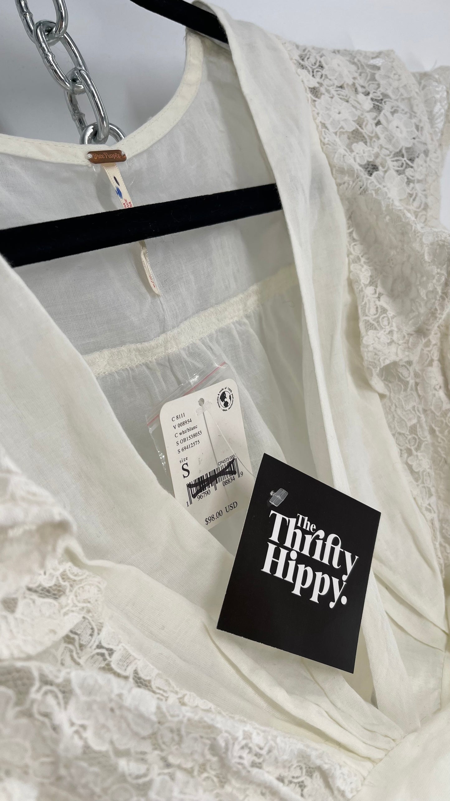 Free People Off White Cotton Tie Around Top with Lace Sleeve Detail and Tags Attached (Small)