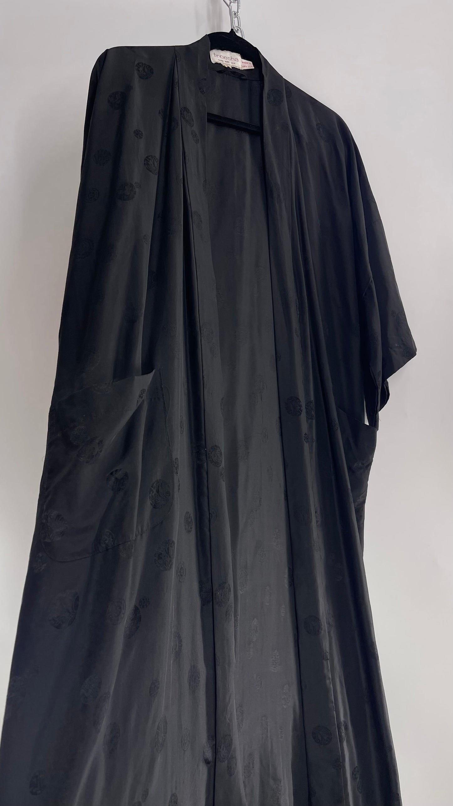 Vintage TREESHA 100% Pure Silk Black Long Embossed Robe (Large)