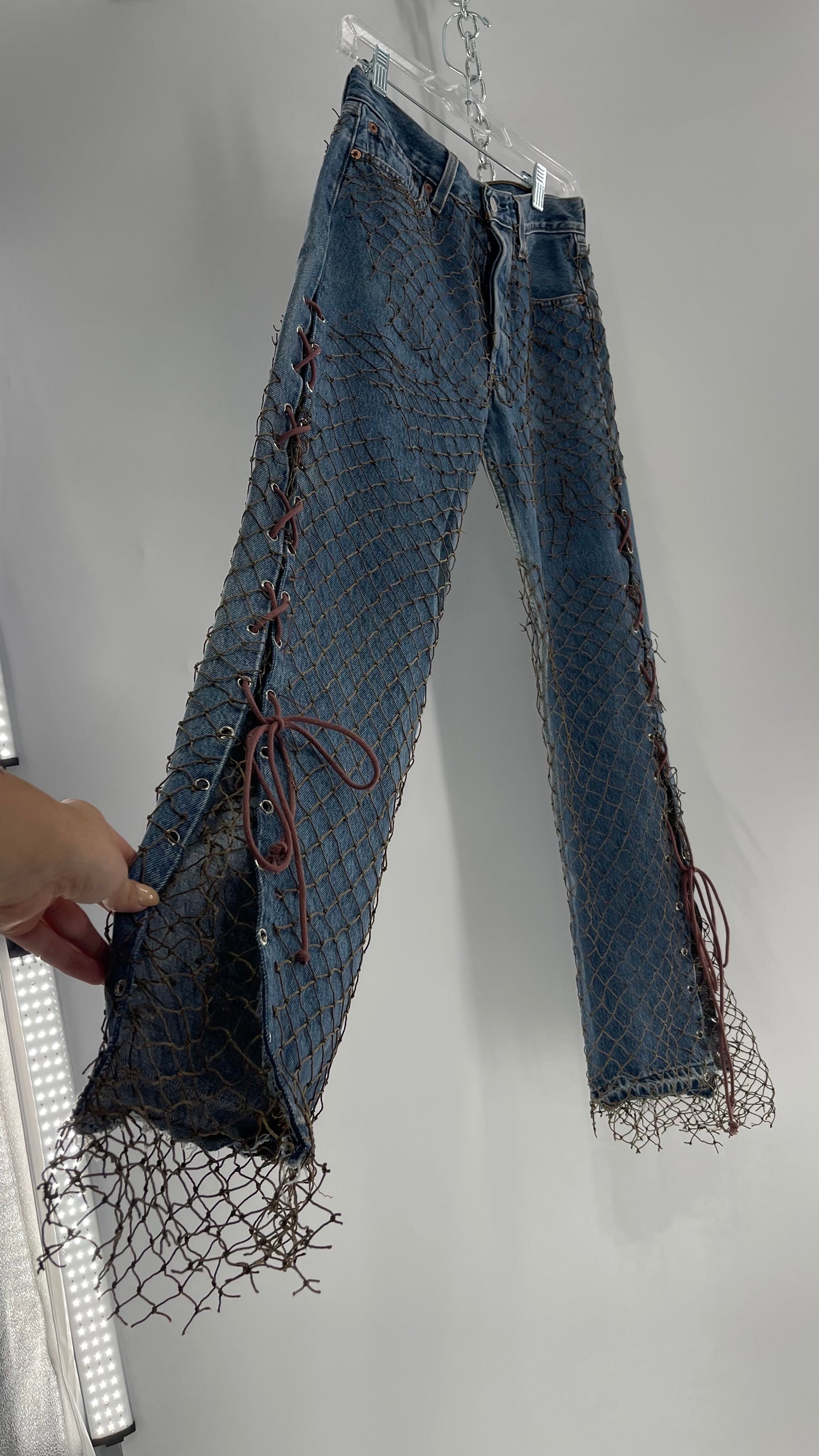 Custom - Fishnet Levi’s with Grommets and Lace Up Sides (Waist 29 Length 30) Fits Like a 26*