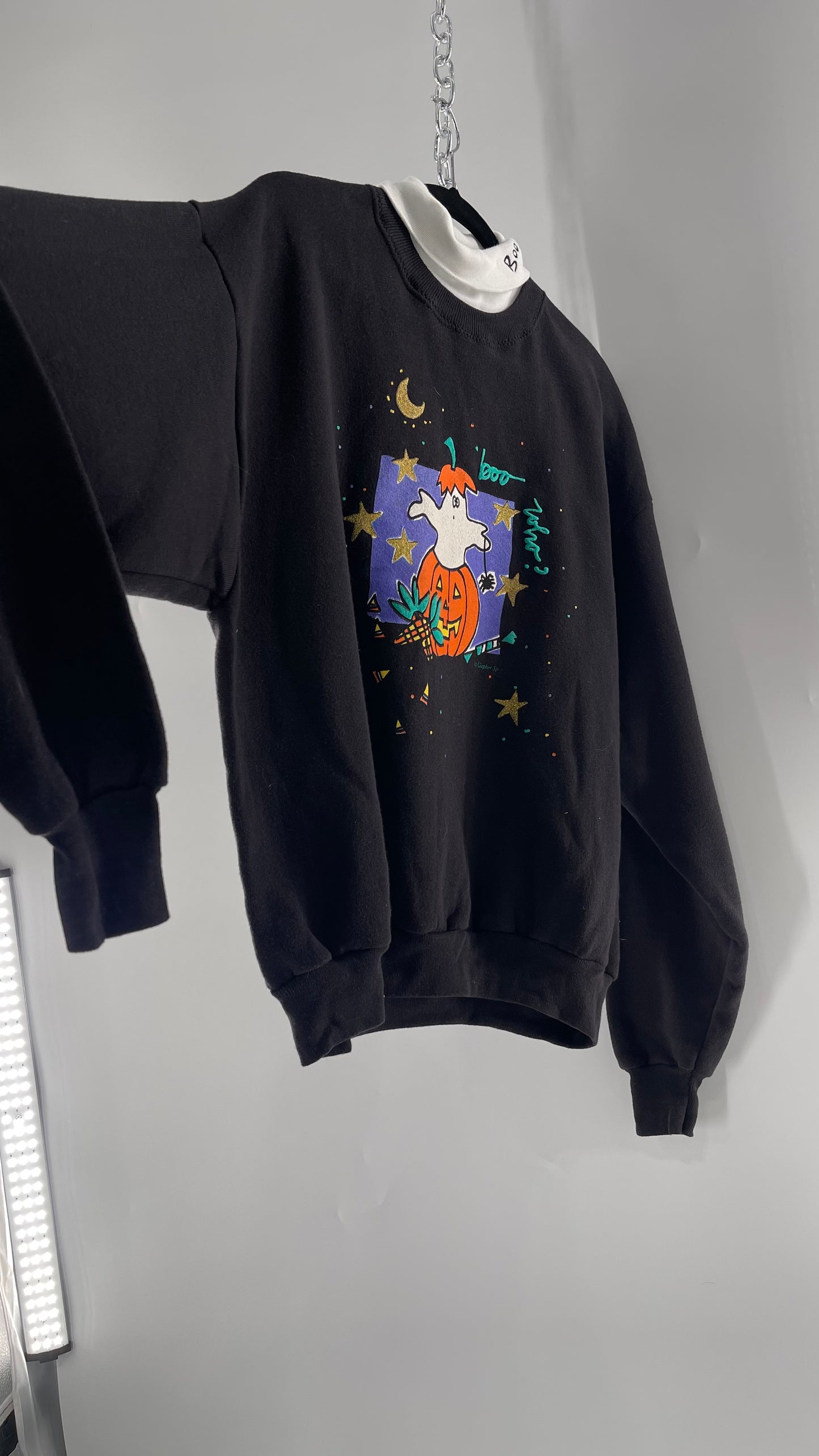 Vintage Black Halloween Graphic Crewneck with White Turtleneck Detail and Boo Embroidery (Large)