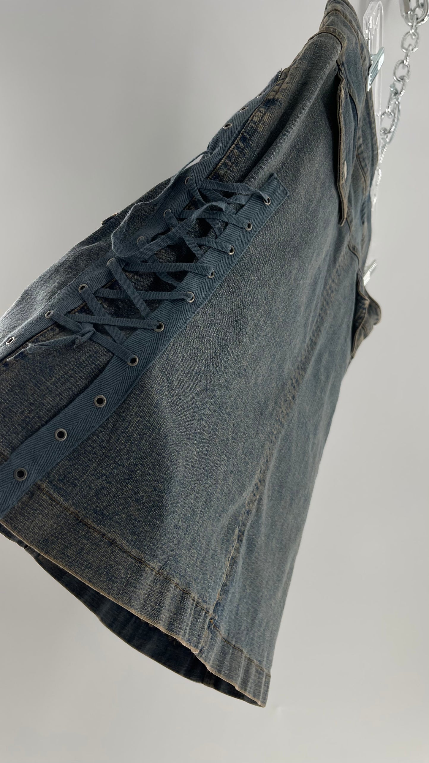 Vintage More Feminine w/o Limits Denim Skirt with Grommet Lace Up Sides and Fade (42)