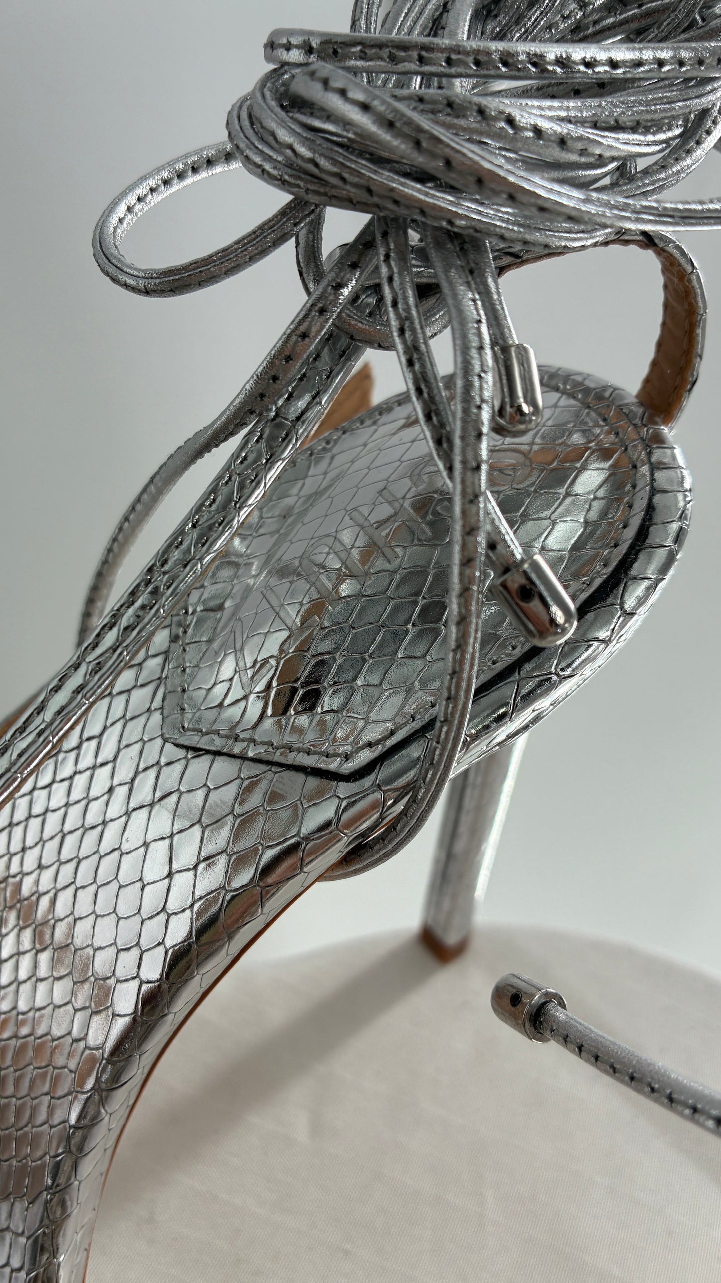 SCHÜTZ Silver Angular Tie Up Heels with Mirror Toe Detail (7)
