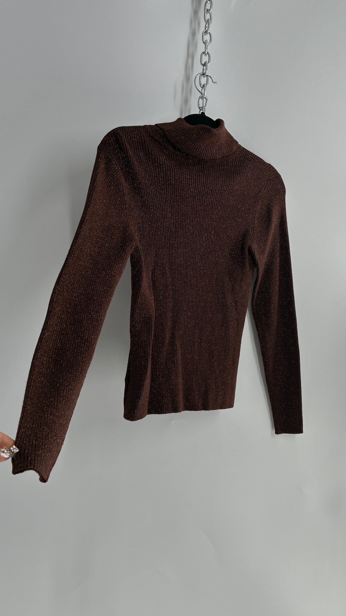 WORTHINGTON Brown Sparkle Tinsel Ribbed Knit Turtle Neck (Small)
