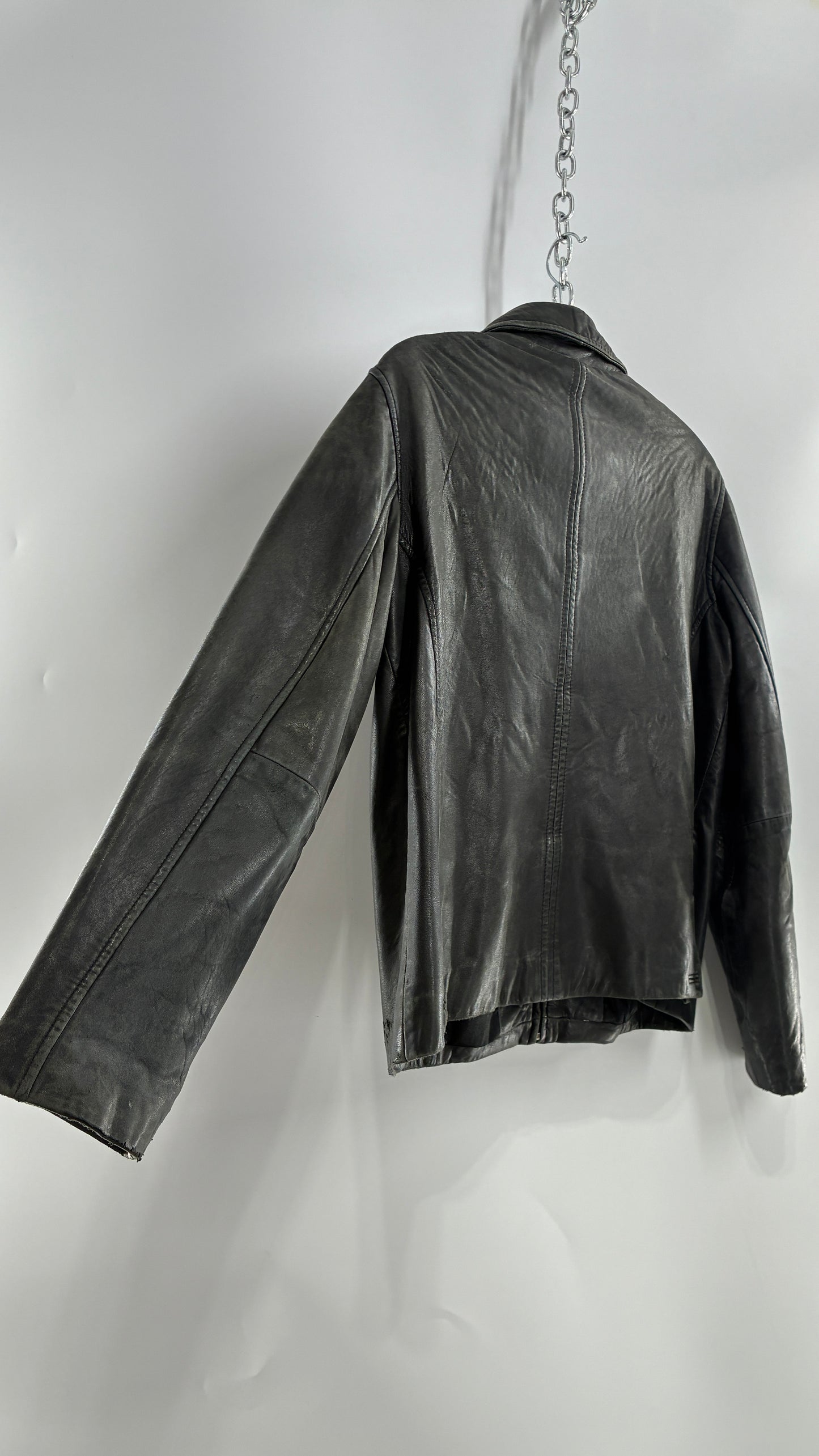 Vintage WINLIT New York Black Leather Collared Zip Front Paneled Jacket (Large)