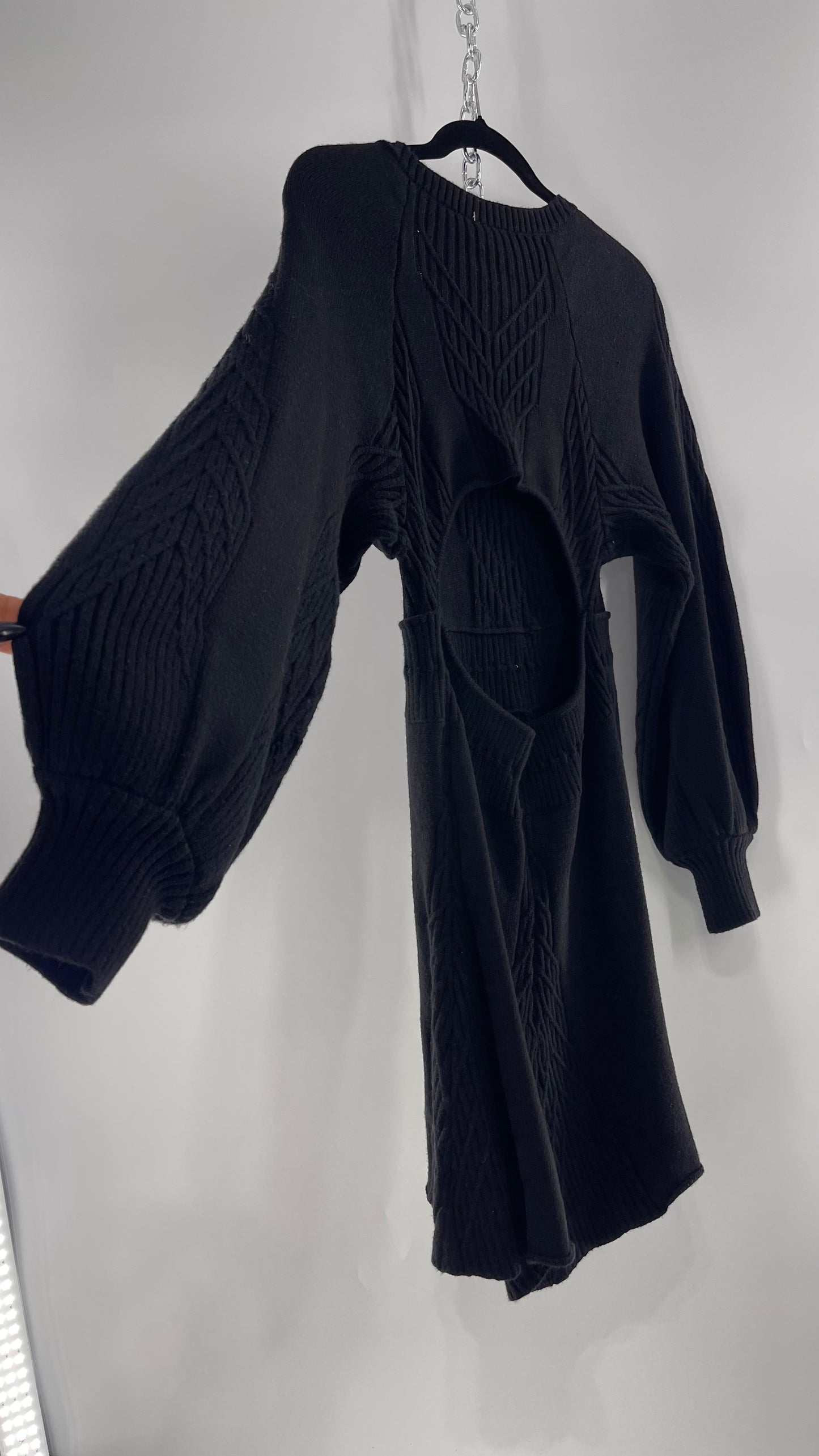 Free People Emmaline Black Heavy Knit Cableknit Bust with Tie Waist and Oval Back Cut Out Mini Dress(Small)