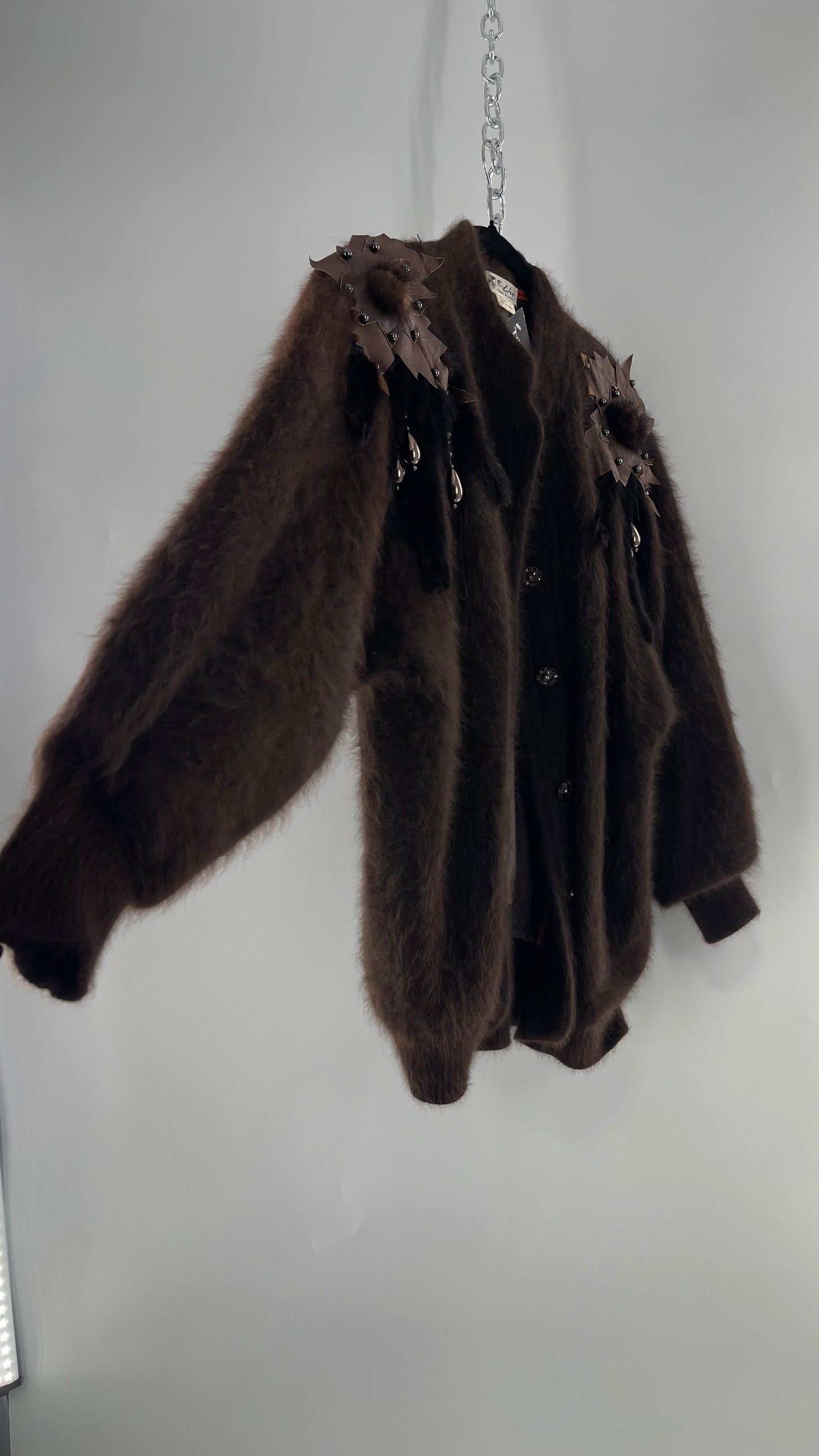 Liho Korean Vintage Brown Cardigan with Leather, Fur and Beaded Detailing 15% Wool 75% Angora  (C)(Medium)