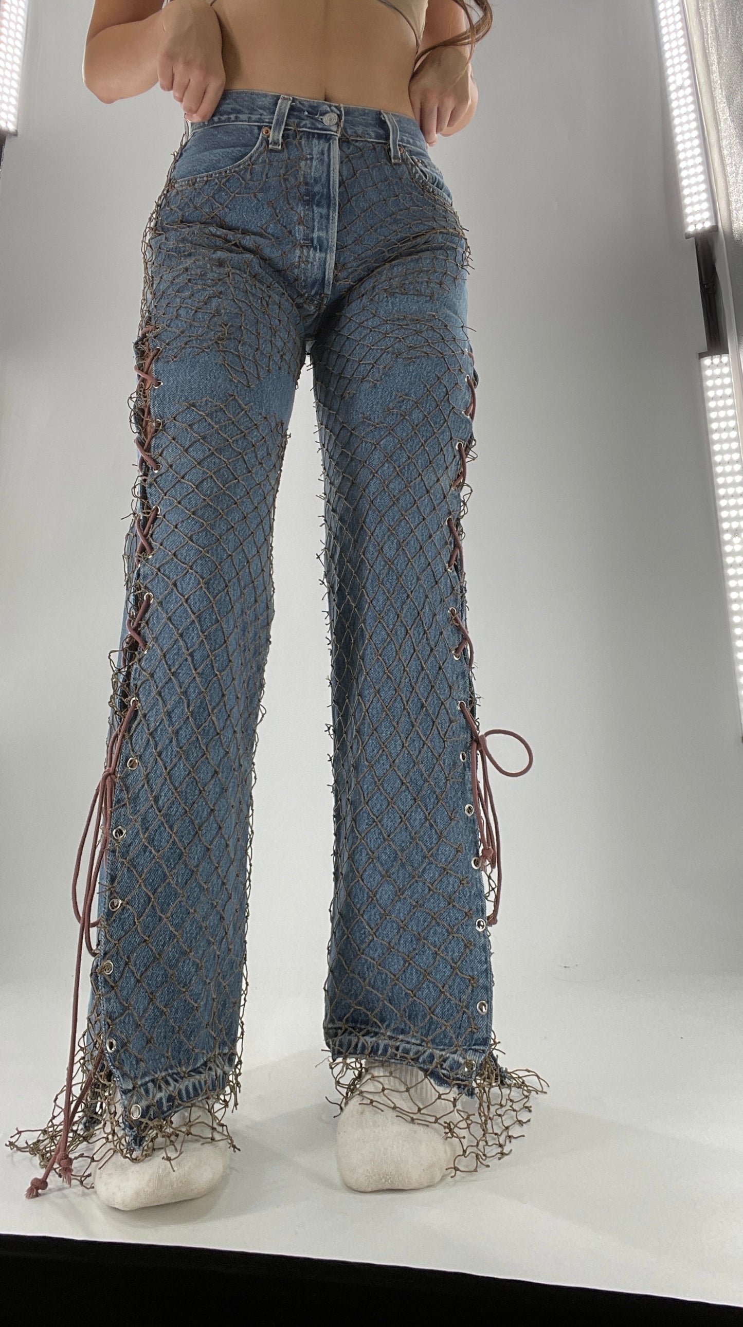 Custom - Fishnet Levi’s with Grommets and Lace Up Sides (Waist 29 Length 30) Fits Like a 26*